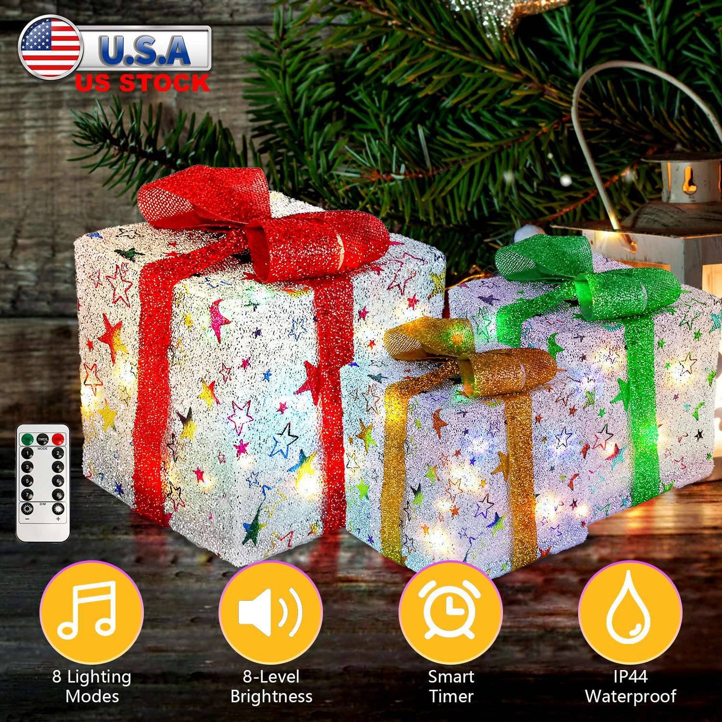Set of 3 Christmas Lighted Gift Boxes Xmas Present Ornament 50 LED Christmas Box Decorations with Ribbon Bows IP44 Waterproof Battery Powered for Indo