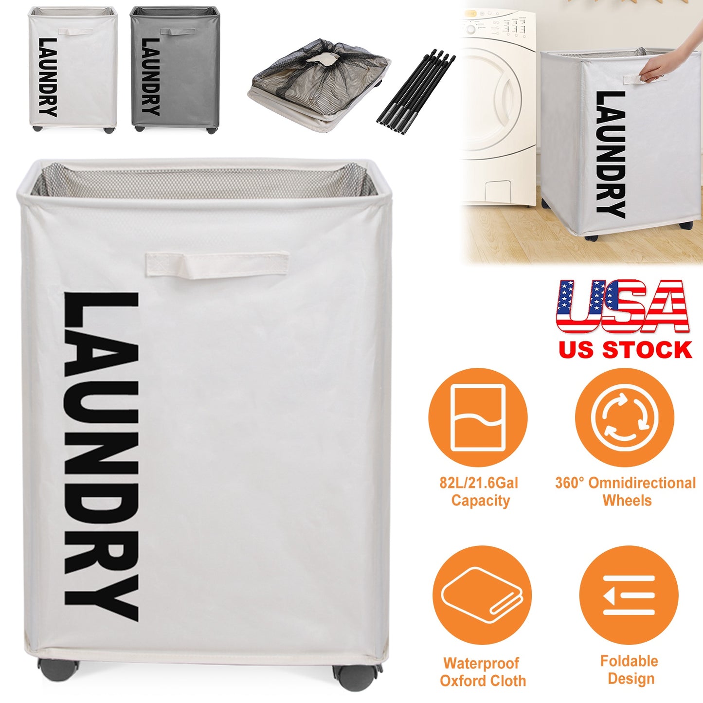 82L/21.6Gal Large Rolling Laundry Hamper Collapsible Tall Laundry Basket with Wheels Waterproof Dirty Clothes Cart with Handle Foldable Clothes Organi