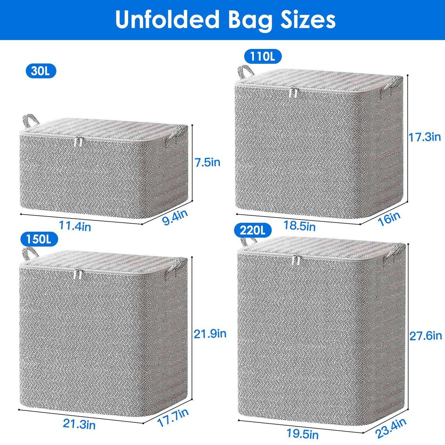 4 Pack Foldable Non Woven Storage Bags Closet Organizers Wardrobe Sorting Baskets with 2 Handles Dustproof Lid Zipper for Clothes Quilt 30L 110L 150L