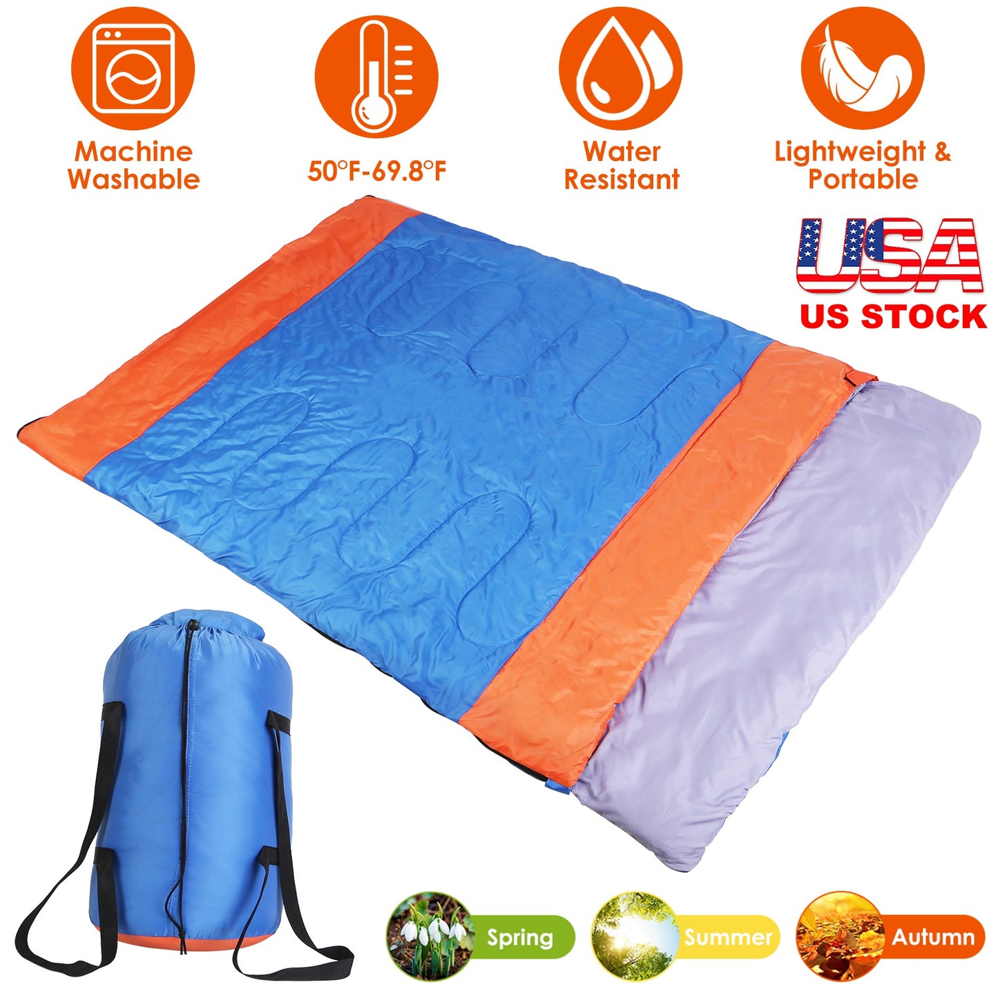 2 People Sleeping Bag for Adult Kids Lightweight Water Resistant Camping Cotton Liner Cold Warm Weather Indoor Outdoor Use 3 Season with Sack for Spri