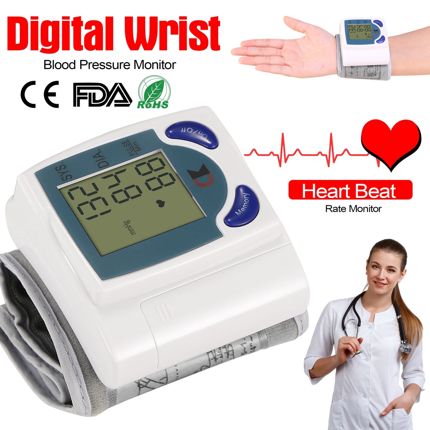 Blood Pressure Monitor Wrist Digital High Blood Pressure Cuff Heartbeat Tester w/ 60 Reading Memory 1.8 Inches LCD Screen Storage Box