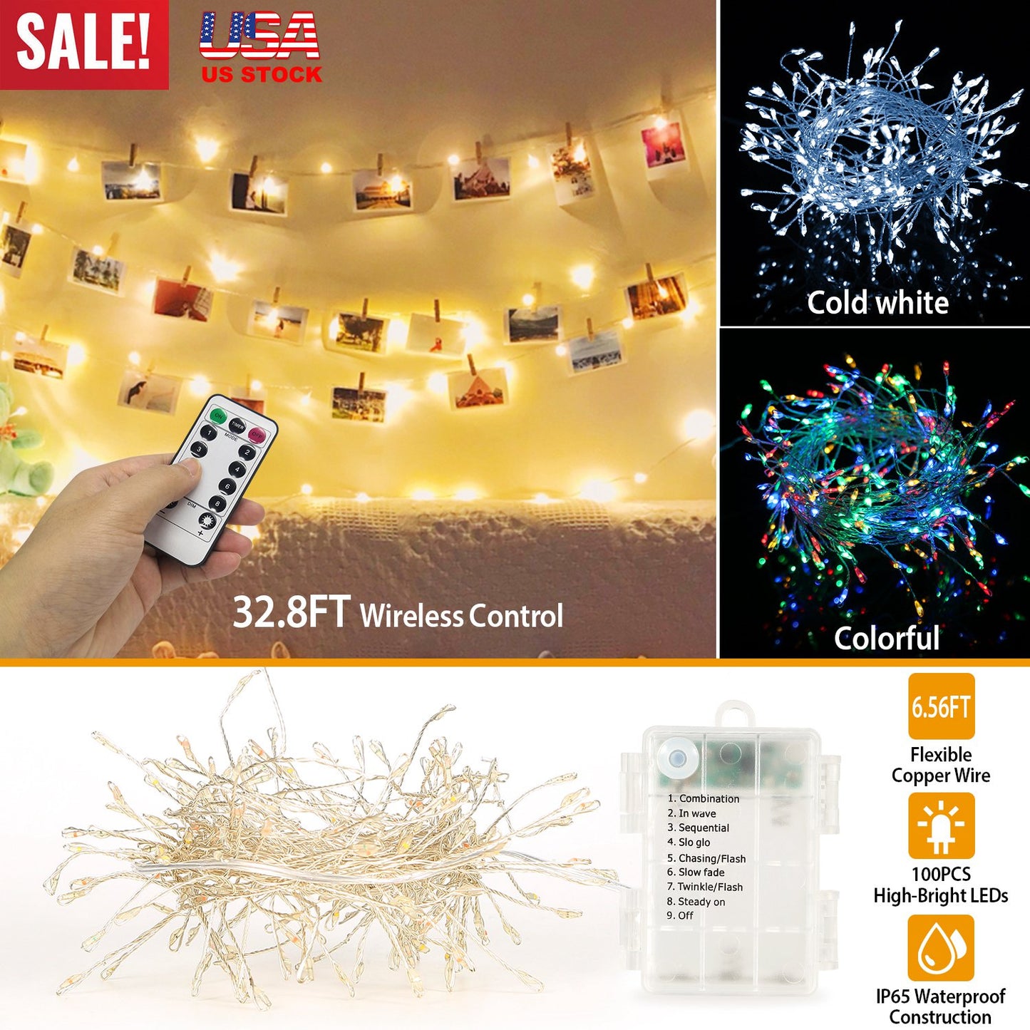 2M 100 LED Fairy String Lights Copper Wire w/Remote Control Party Xmas Decore Lights