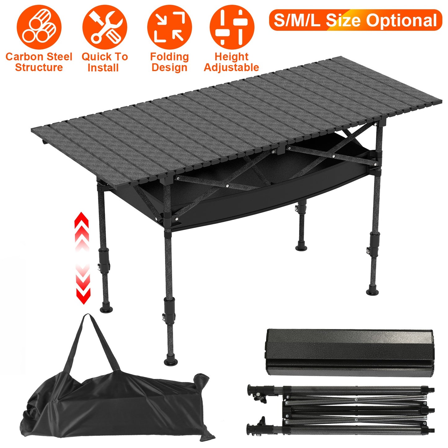 Portable Folding Camping Table With Adjustable Height Hanging Net Rustproof Carbon Steel Foldable Roll-Up Camping Table for Picnic Camping Hiking Beac
