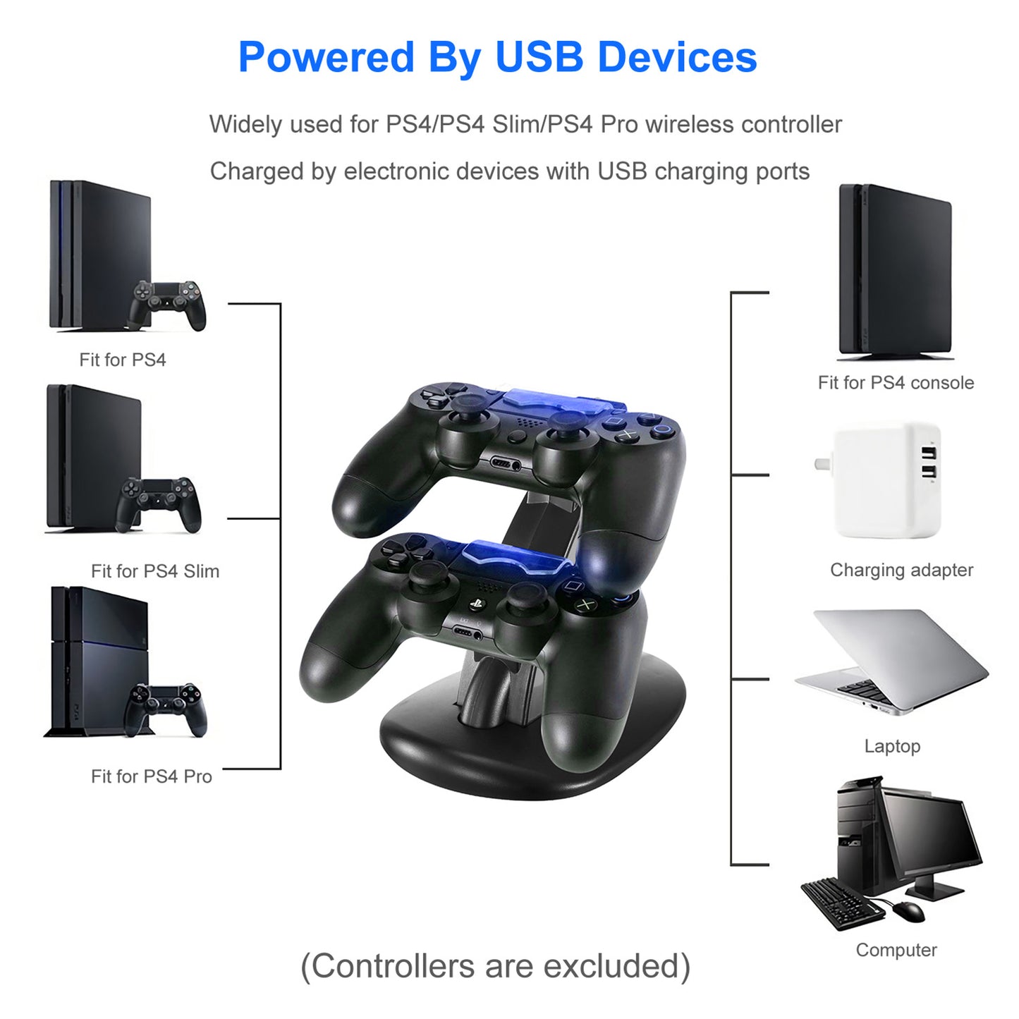 Charging Dock Station Dual Micro USB Charger Stand For PS4 Pro/PS4 Slim Gamepad Controller Handle Charging Station w/ Blue Indicator Game Lovers