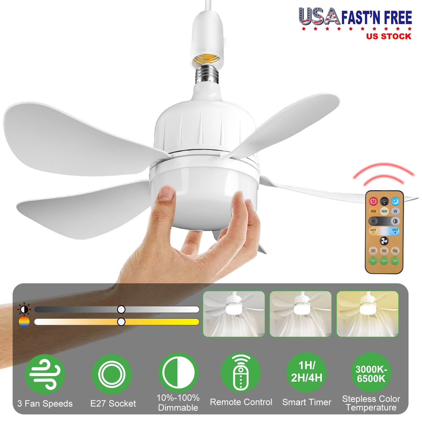 Socket Fan Light 12W Ceiling Fan with Lights Dimmable LED Ceiling Fan with 3 Fan Speed Stepless Brightness and Color Temperature Smart Timer Remote Co