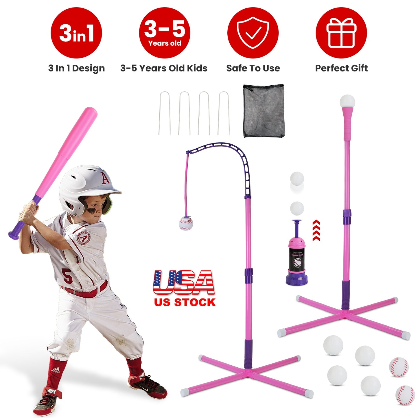 3-In-1 Baseball Toy Set For 3-5Years Old Kids And Toddlers Includes Tee Ball Stand Hanging Tee Automatic Ball Launcher with Adjustable Height For Indo