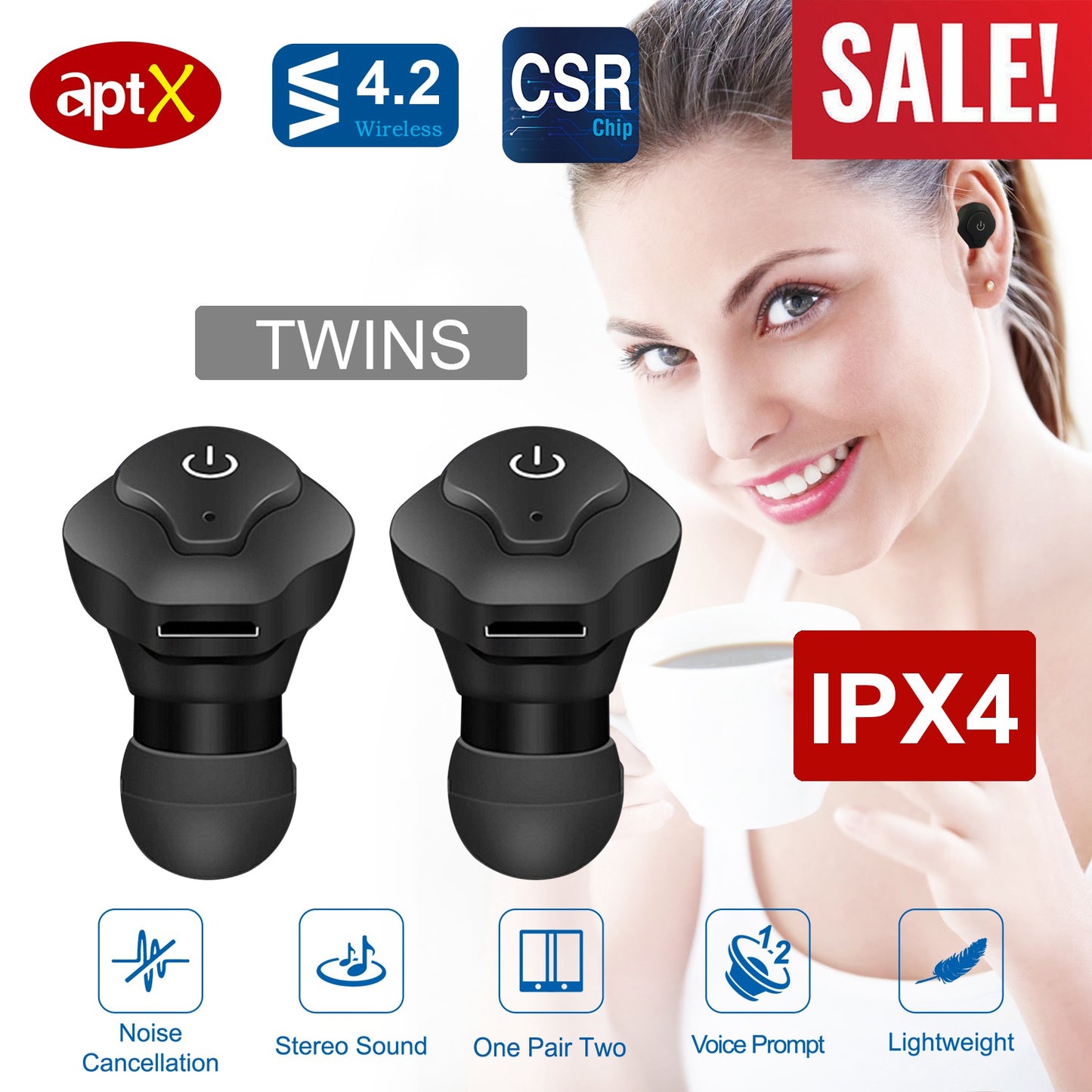 True Wireless Earbuds CSR V4.2 In-ear Stereo Headsets IP44 Waterproof Apt-X TWS Headphones Noise Cancelling w/ Mic for Business Driving Walking