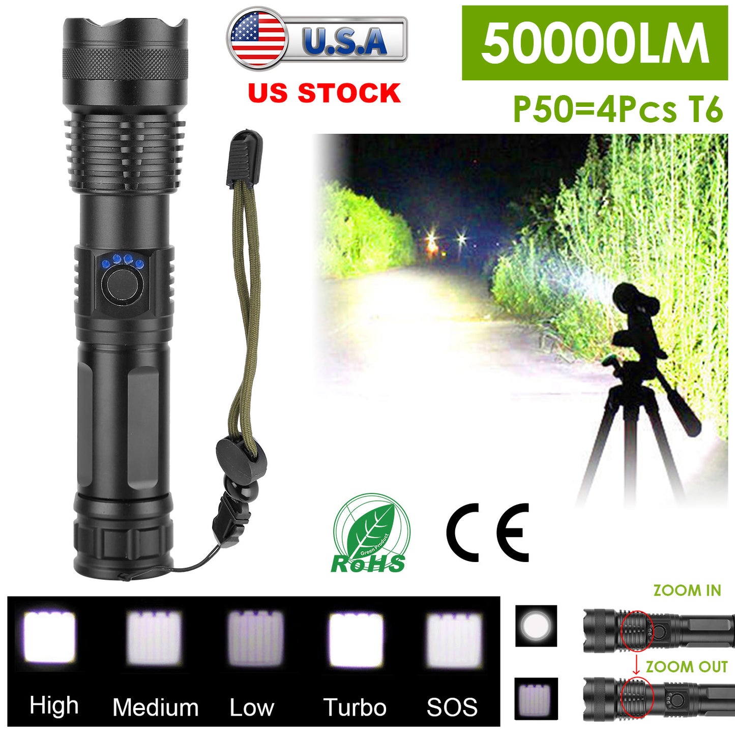 Tactical LED Flashlight Zoomable Rechargeable Search Light Torch 50000LM with 5Modes SOS Night Light For Night Walking Adventures