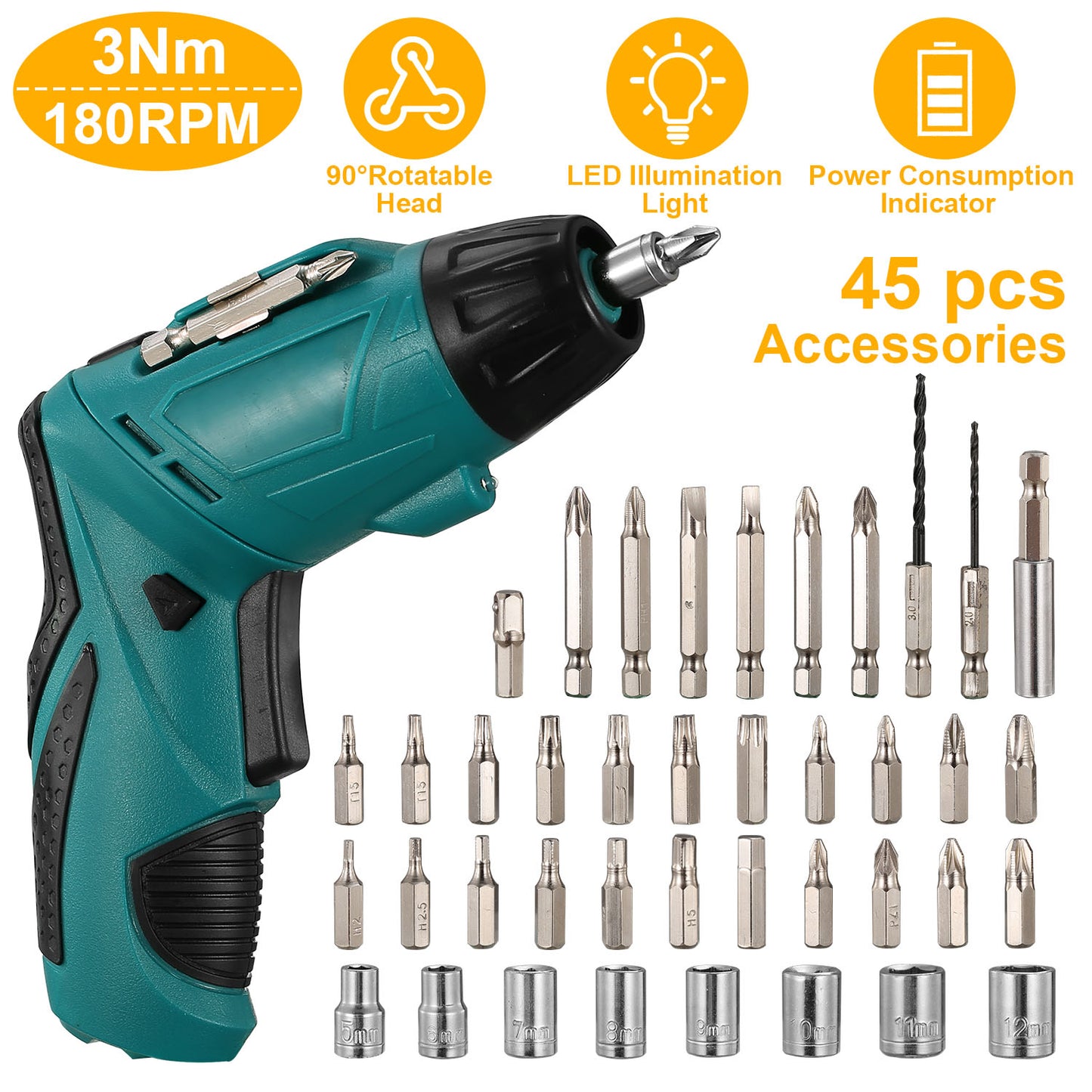 Cordless Electric Screwdriver Set Rechargeable 4.8V Drill Driver w/45 Drill Bits Carrying Case
