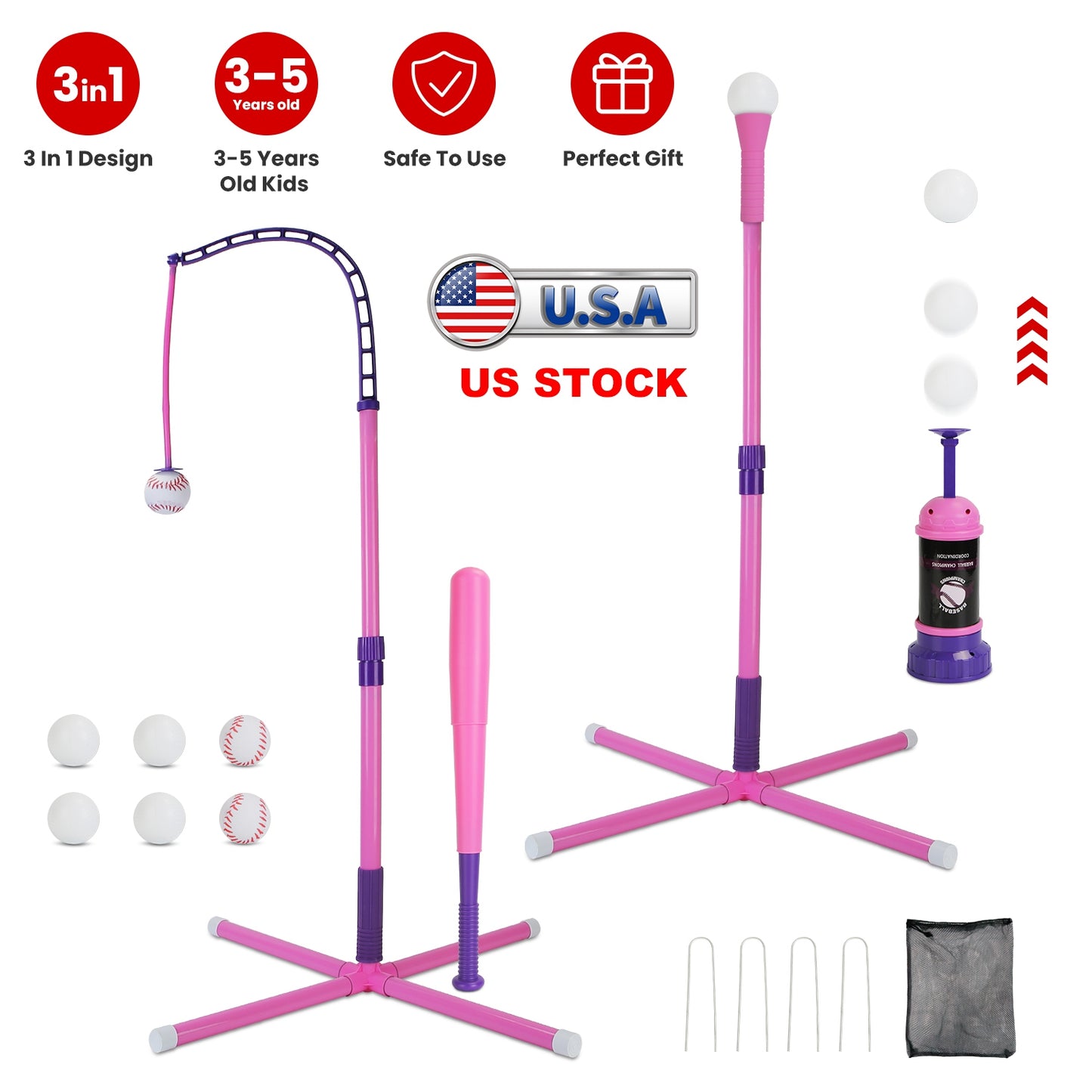 3-In-1 Baseball Toy Set For 3-5Years Old Kids And Toddlers Includes Tee Ball Stand Hanging Tee Automatic Ball Launcher with Adjustable Height For Indo
