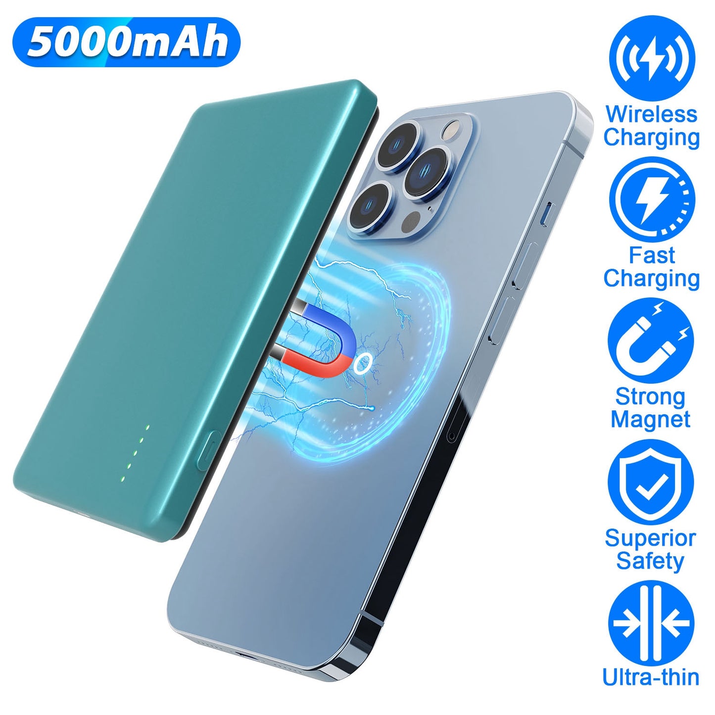 2 In 1 5000mAh 8MM Slim MagSafe Wireless Power Bank PD20W Magnetic Fast Charger Portable Phone Charger Fit for IOS Phone 15 14 13 12 Series And More