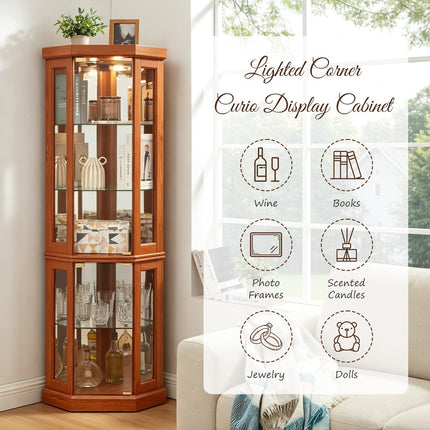 5-Tier Lighted Corner Curio Cabinet with Adjustable Glass Shelves