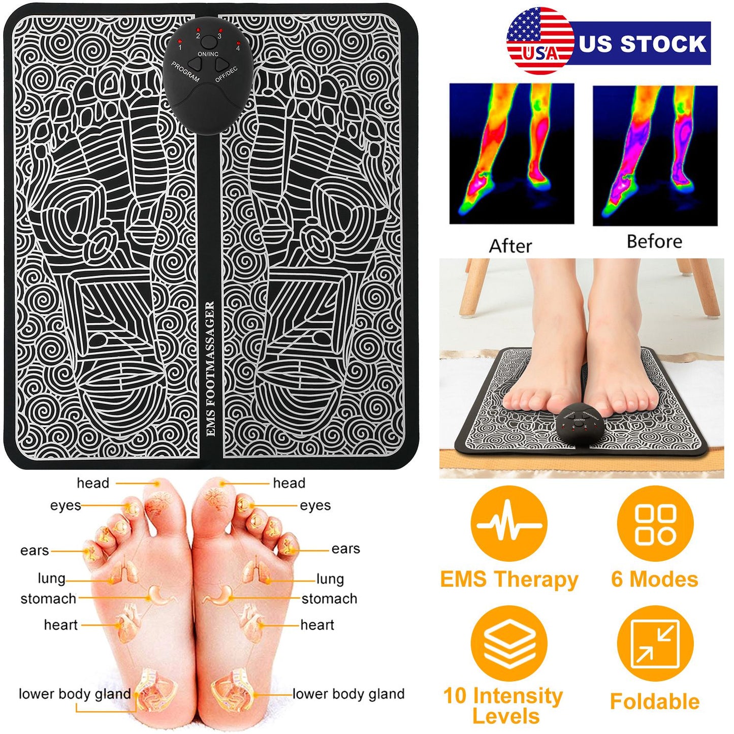 EMS Foot Massage Pad Electric Stimulator Massager Unit Leg Reshaping Muscle Pain Relax Foldable Massage Mat w/ 6 Modes 10 Intensity Levels
