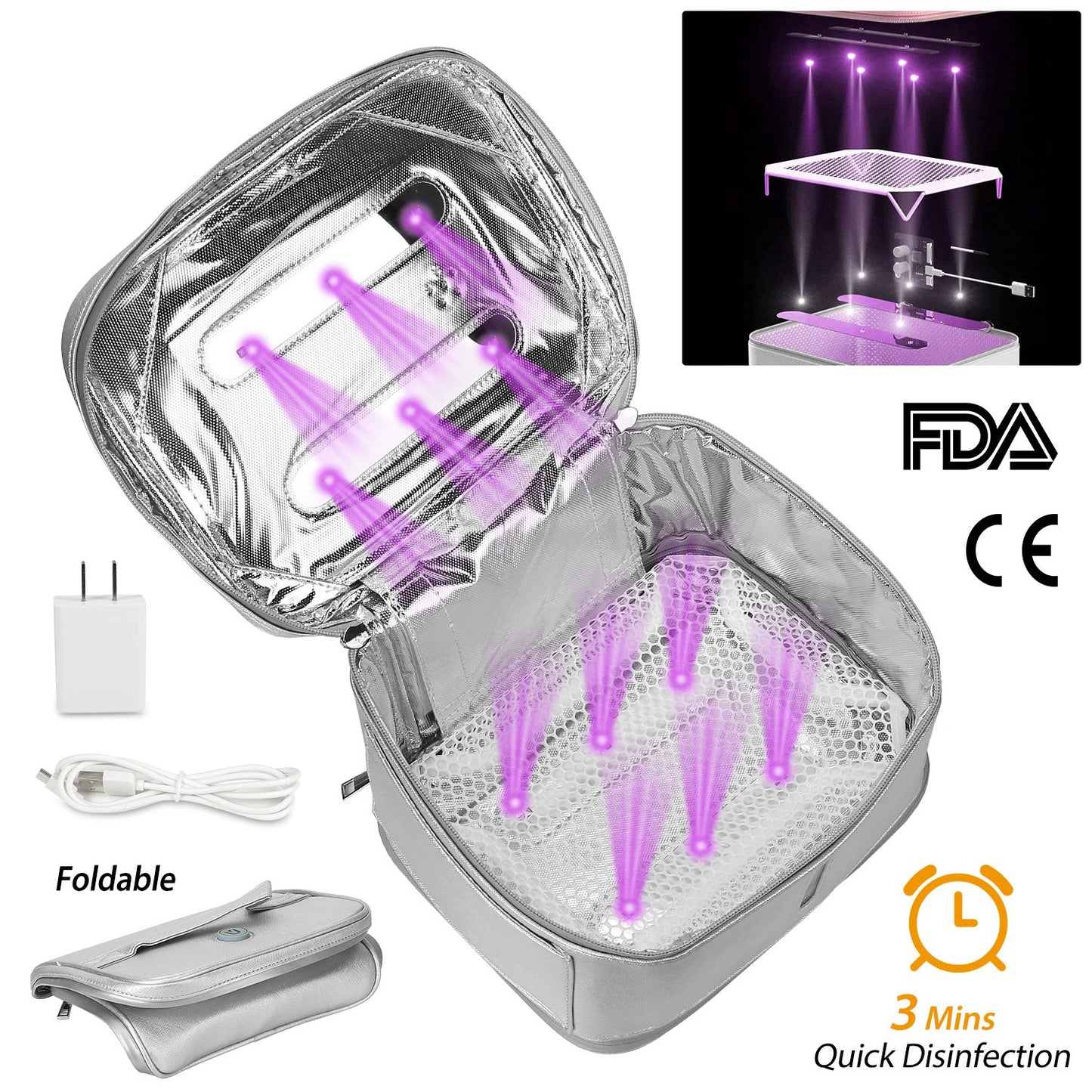 Foldable UV Disinfection Bag 20L/5.28Gal Portable LED UV Sanitizer Box USB-Powered Travel UV-C Cleaner Bag for Baby Bottles Toys Underwear Toothbrush