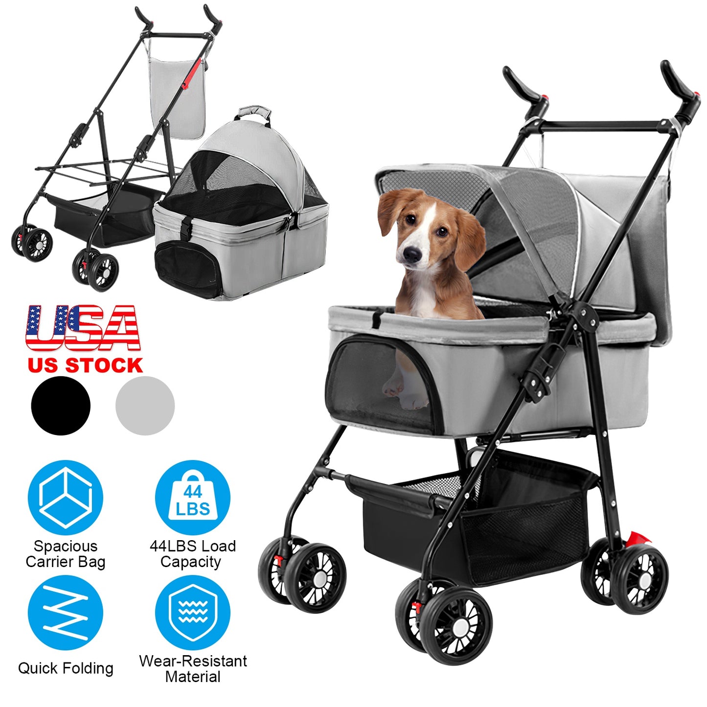 4 Wheels Pet Stroller Foldable Carrier Strolling Cart Travel Jogger Pet Stroller with Removable Liner Storage Basket for Dog Cat