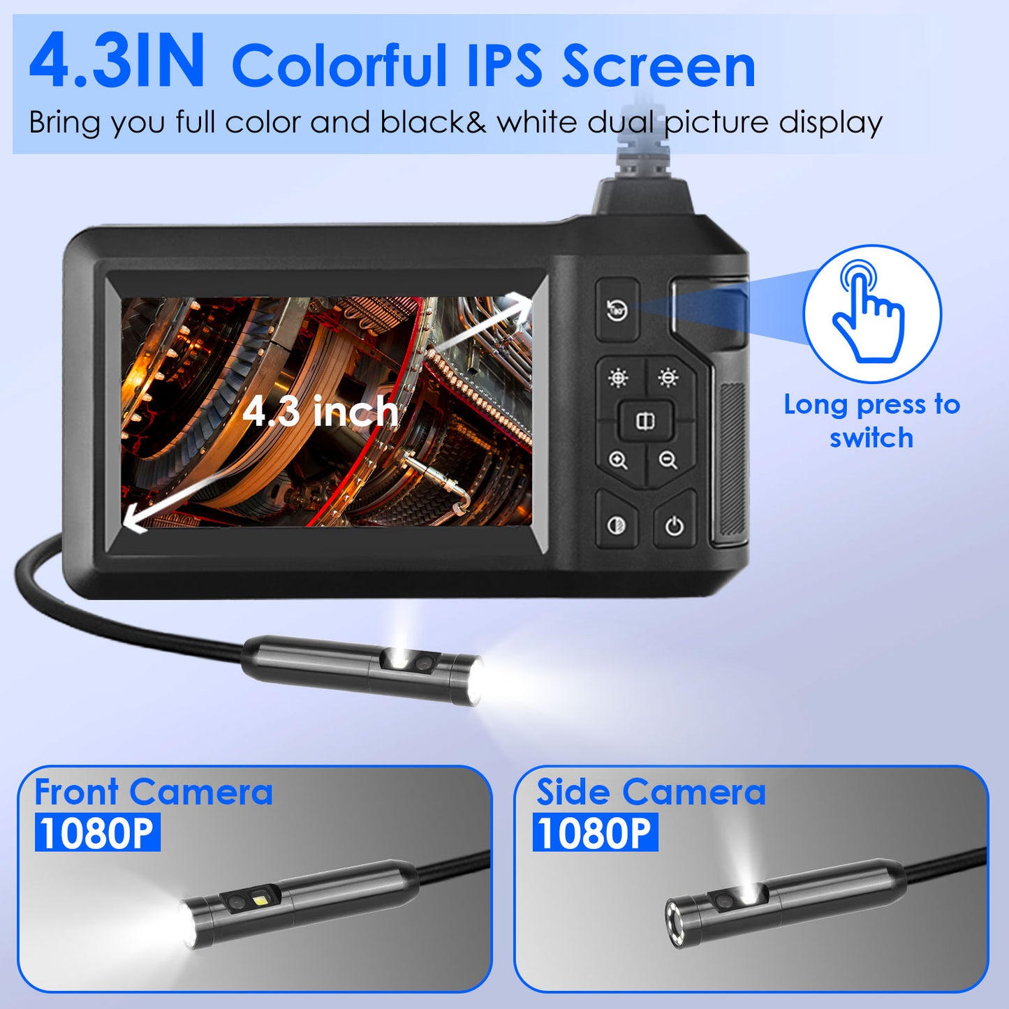 1080P Dual Lens Endoscope Camera with 8 LED Light 8mm Borescope Inspection Camera 4.3Ó Colorful Screen IP67 Waterproof 16.4FT Semi-Rigid Cord Handheld