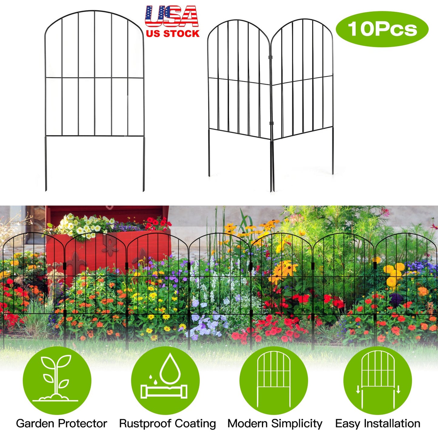 10Pcs Decorative Garden Fence Rustproof Iron Wire Arched Fence Animal Barrier Border 12.59Ó Width 23.93Ó Length For Yard Landscape Patio Outdoor Decor