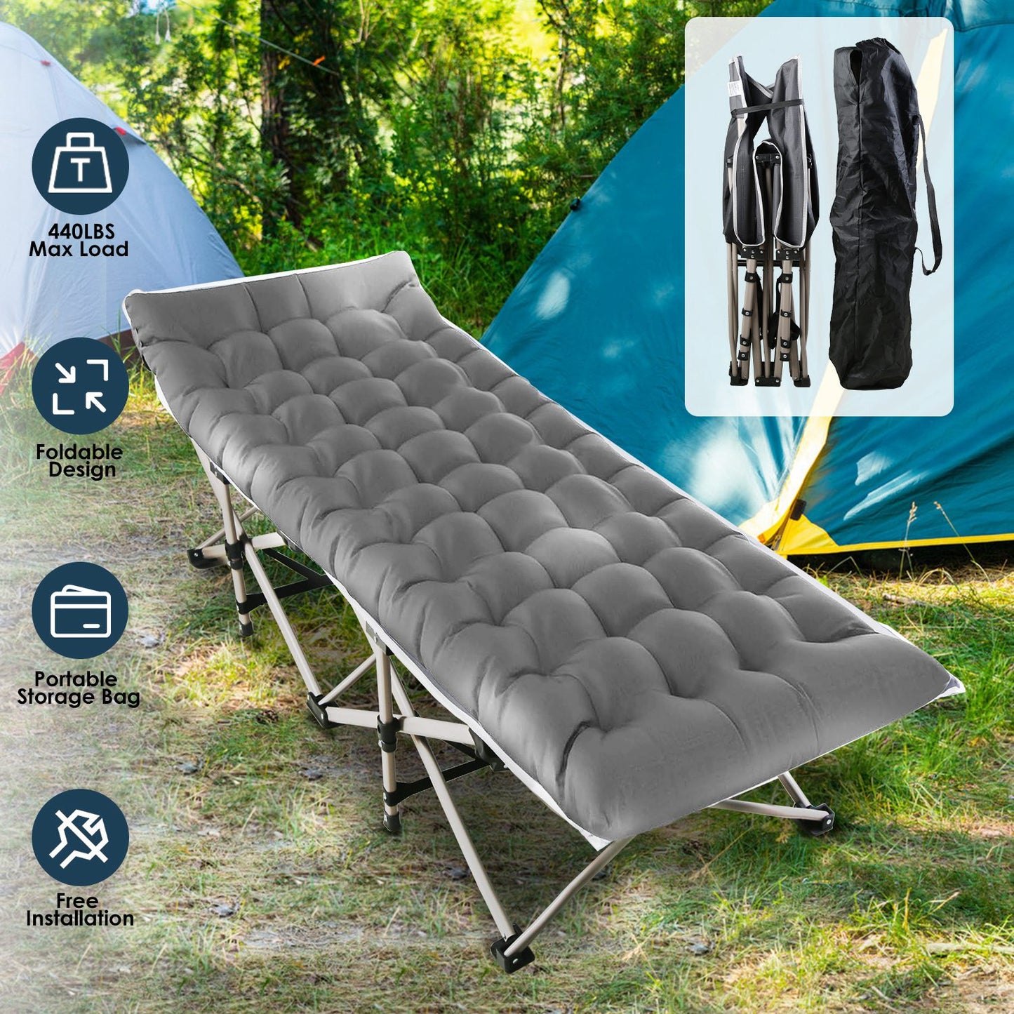 Folding Camping Cot Portable Sleeping Camping Bed Collapsible Travel Camp Cots Guest Bed Cot with 2-Sided Soft Pad 440LBS Max Load