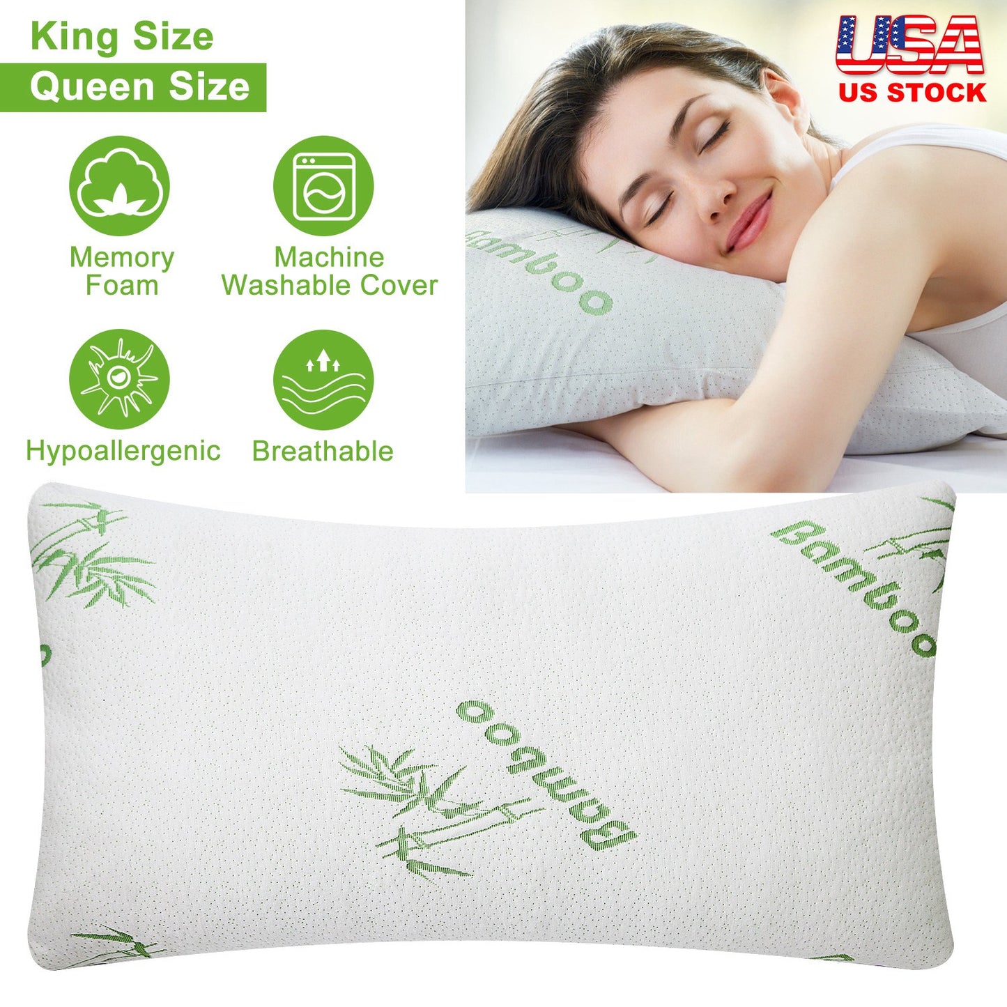 Bamboo Memory Foam Pillow Hypoallergenic Bed Pillow For Head Neck Rest Sleeping Shredded Pillow W/ Washable Cover