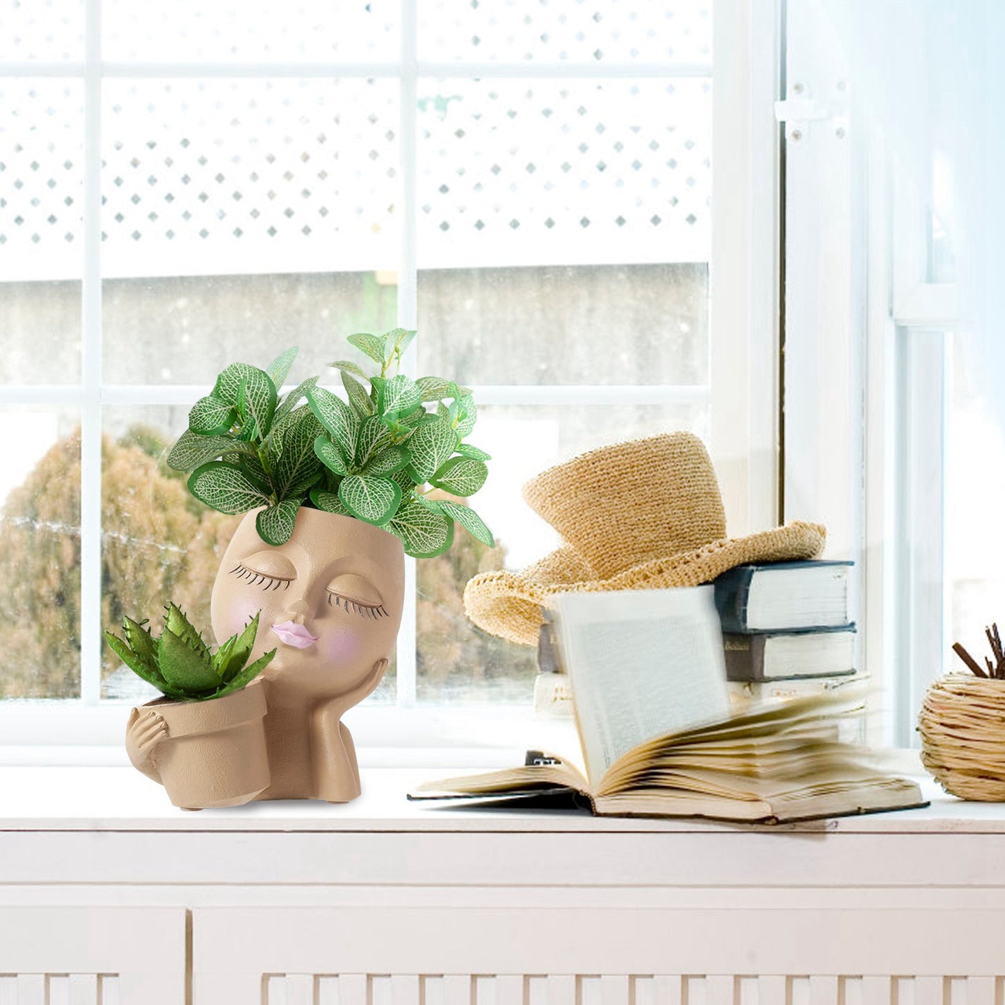 Girl Face Planter Pot Dual Opening Flower Pot With Drainage Hole Lady Head Resin Plant Pot For Succulent Cactus Indoor Outdoor