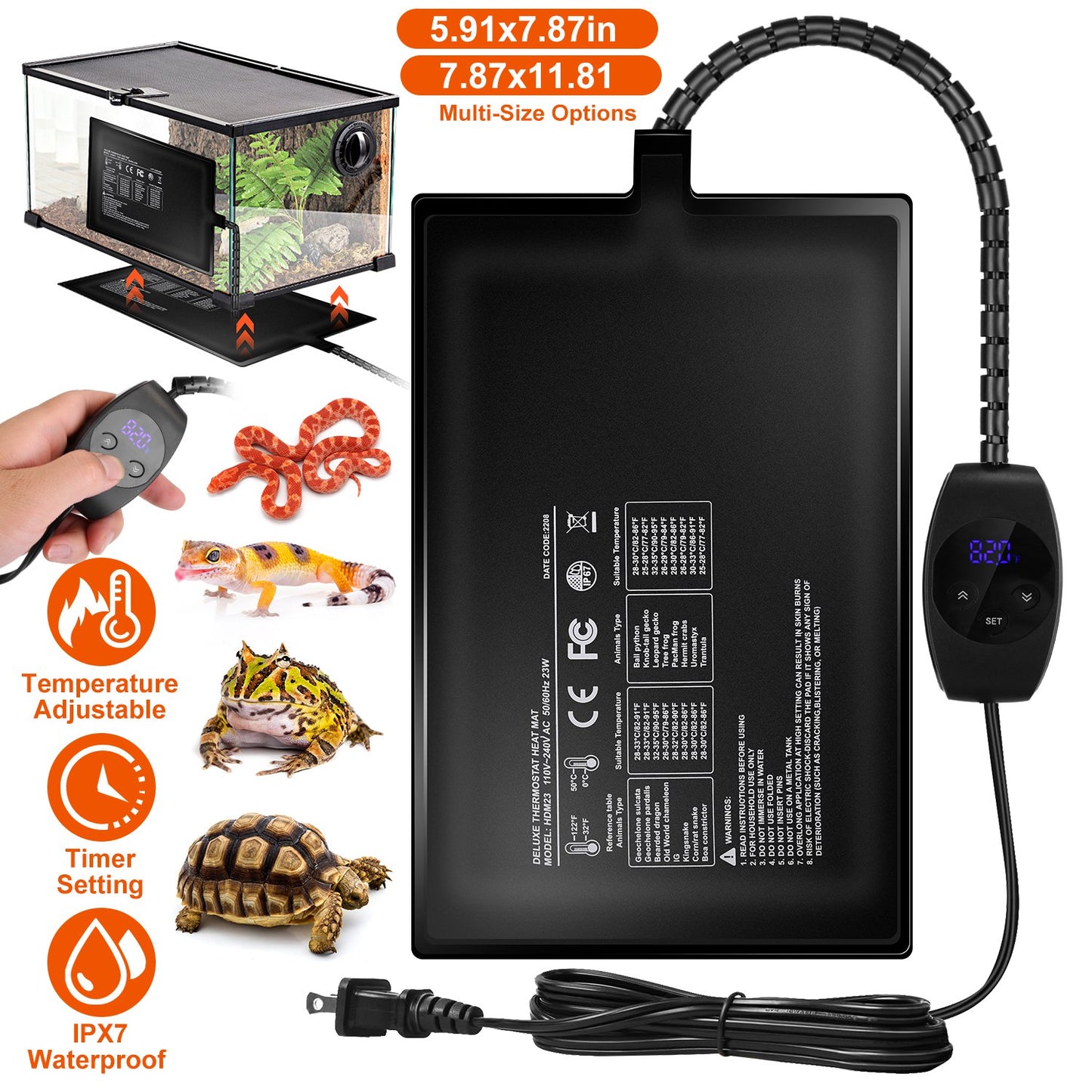 Electric Reptile Heating Pad With 32-122¡F Temperature Adjustment IPX7 Waterproof Timer Setting Under Tank Heating Mat for Lizards Turtles Snake Spide