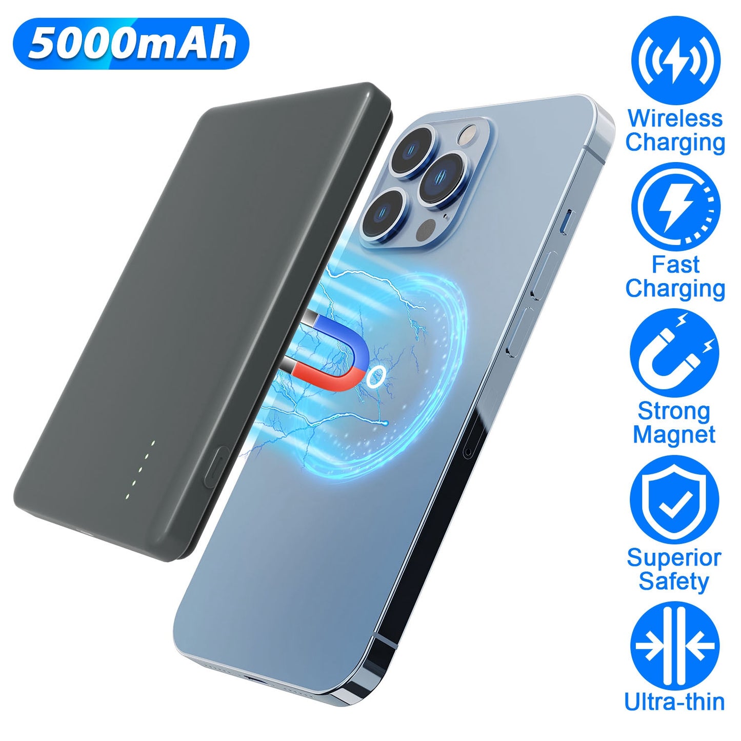 2 In 1 5000mAh 8MM Slim MagSafe Wireless Power Bank PD20W Magnetic Fast Charger Portable Phone Charger Fit for IOS Phone 15 14 13 12 Series And More