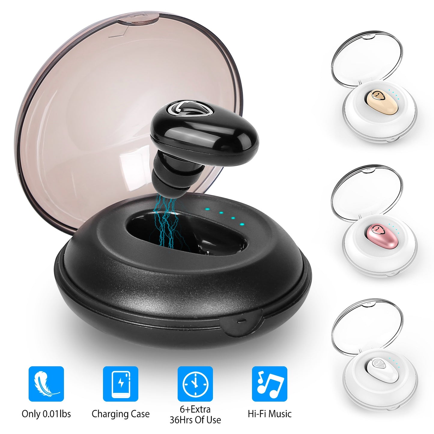 IPX5 Waterproof Unilateral Wireless Earbud Mini In-Ear Headset Rechargeable with Built-in Mic Charging Case Sweat Resistant Earphone
