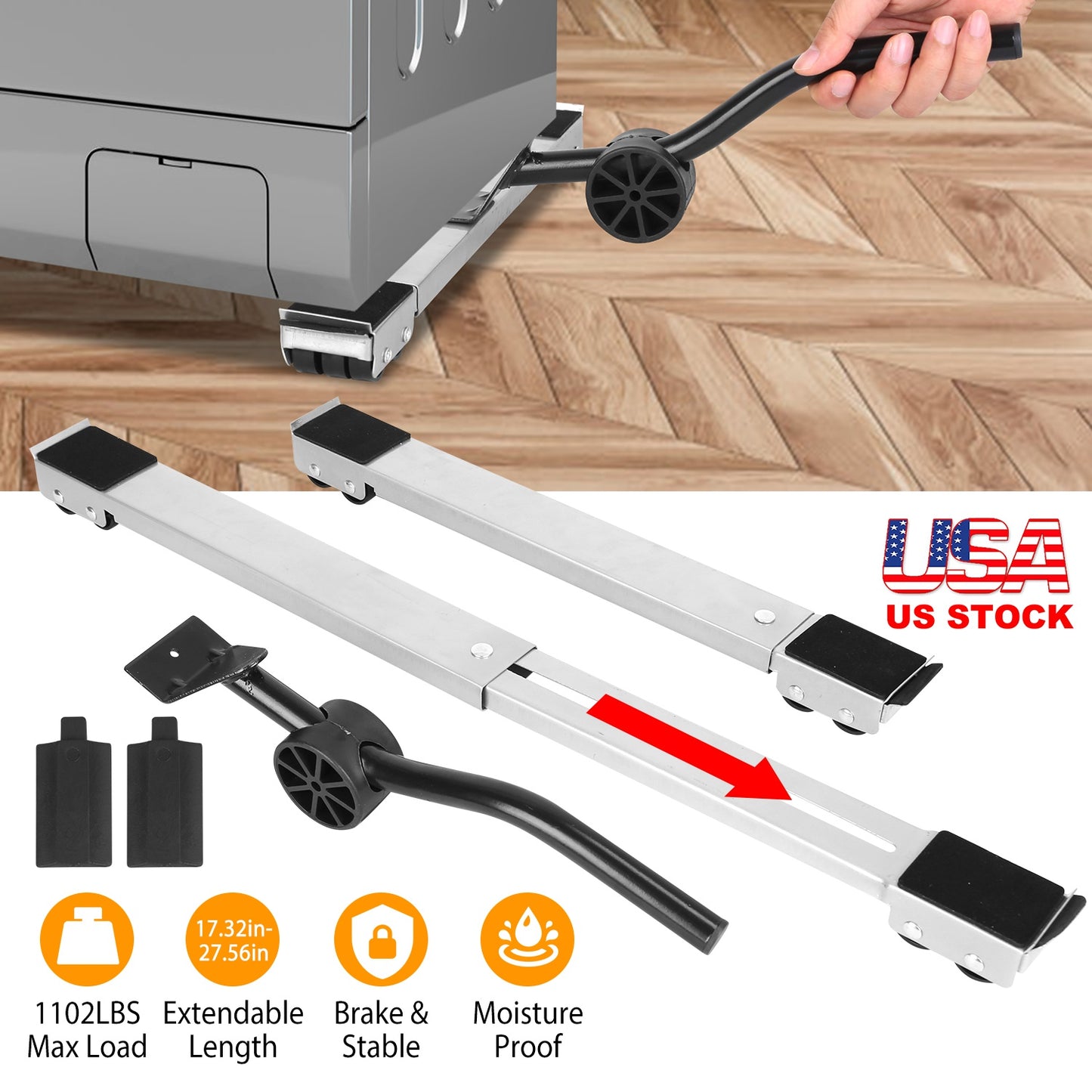 Furniture Dolly Mobile Roller Extendable Appliance Furniture Rolling Base Stand with Brake Pry For Washing Machine Fridge Dryer Cabinet 1102LBS Max Lo