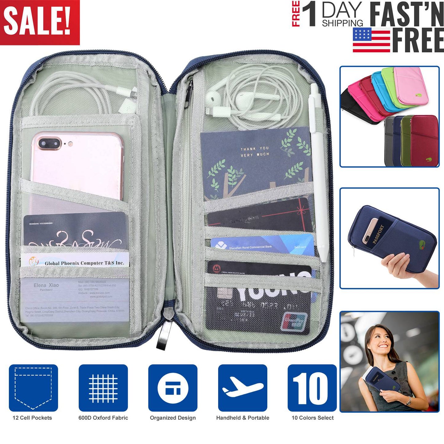 Travel Passport Wallet 12Cells Ticket ID Credit Card Holder Water Repellent Documents Phone Organizer Zipper Case Business Trip Daily Use