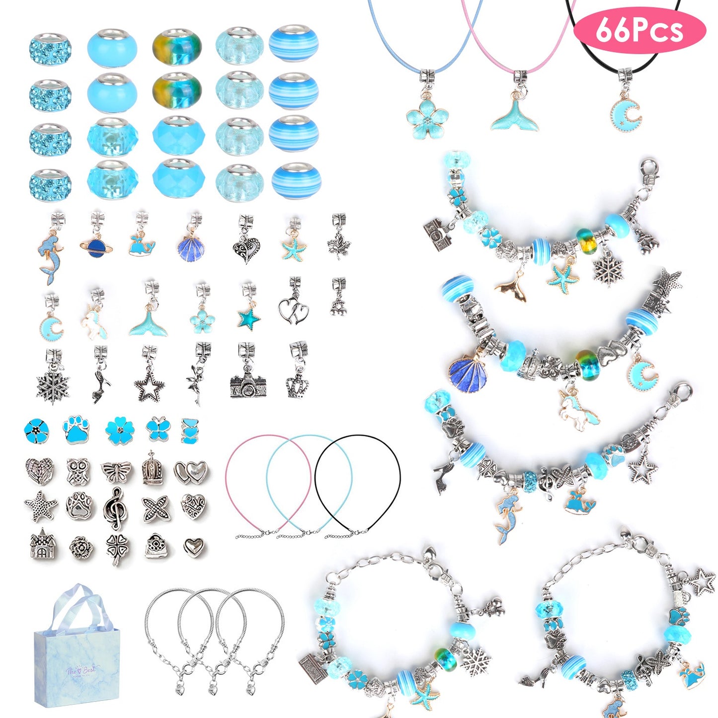 66Pcs Charm Bracelet Making Kit Kids\' Jewelry Necklace Making Kits Colorful DIY Charm Beads Pendant SetÊJewelry Decor Supplies with Gift Box for 5-12