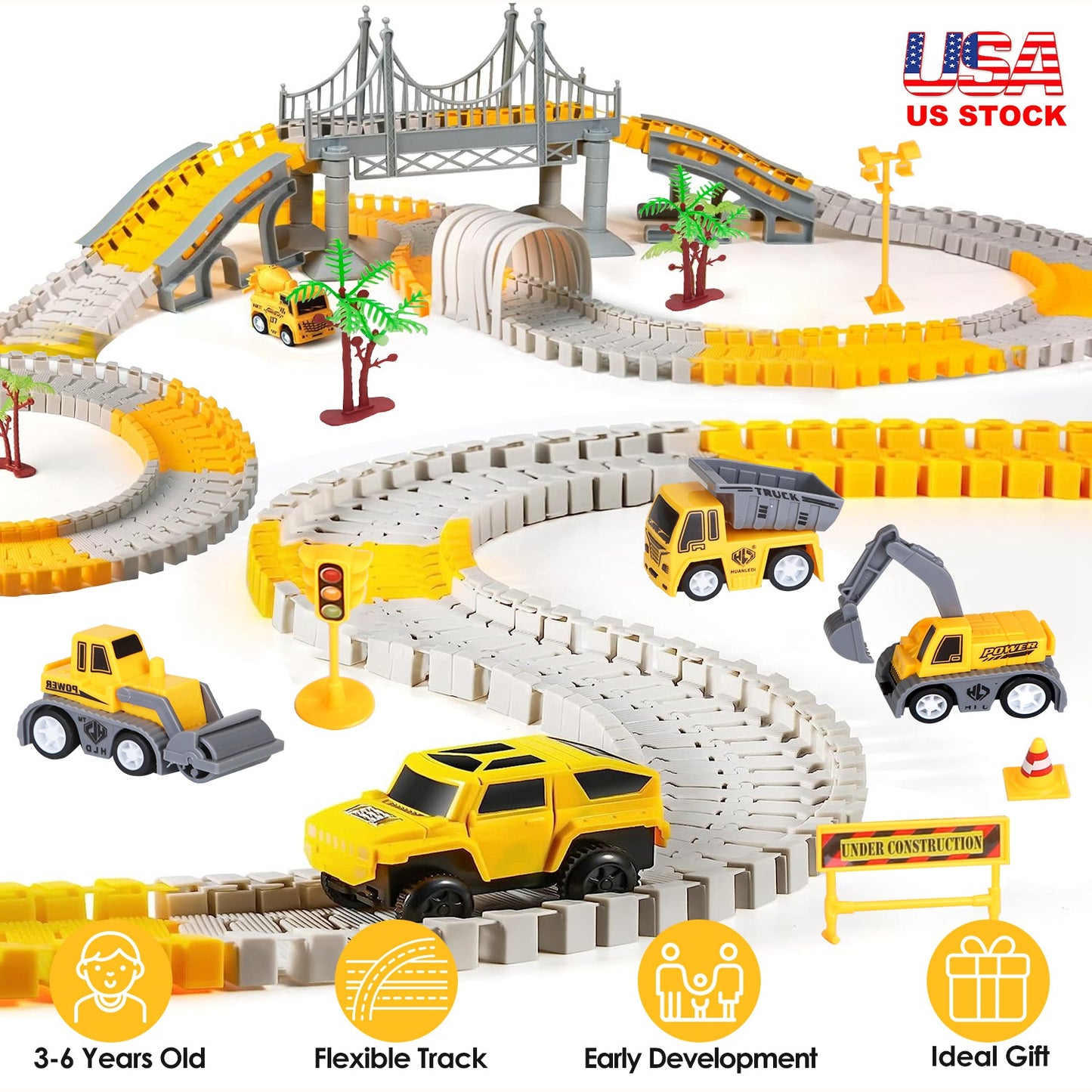 340Pcs Construction Race Track Set Kids DIY Construction Toys STEM Flexible Car Track Playset Gift for Toddlers Boys Aged 3 4 5 6 Year Old