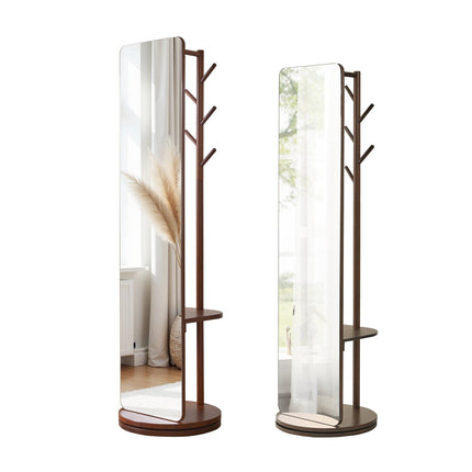 Full Length Rotating Mirror with Coat Rack & Storage Shelf