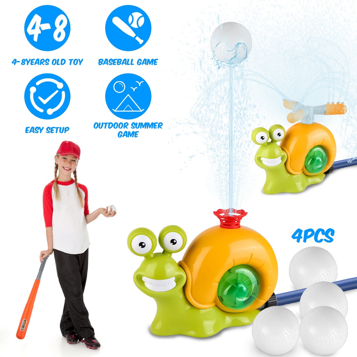 2 In 1 Snail Water Sprinkler Baseball Toy With 2 Sprinkler Nozzles 360¡ Rotating Spray Baseball Sprinkler Summer Water Toy For 4-8Years Old Boys Girls