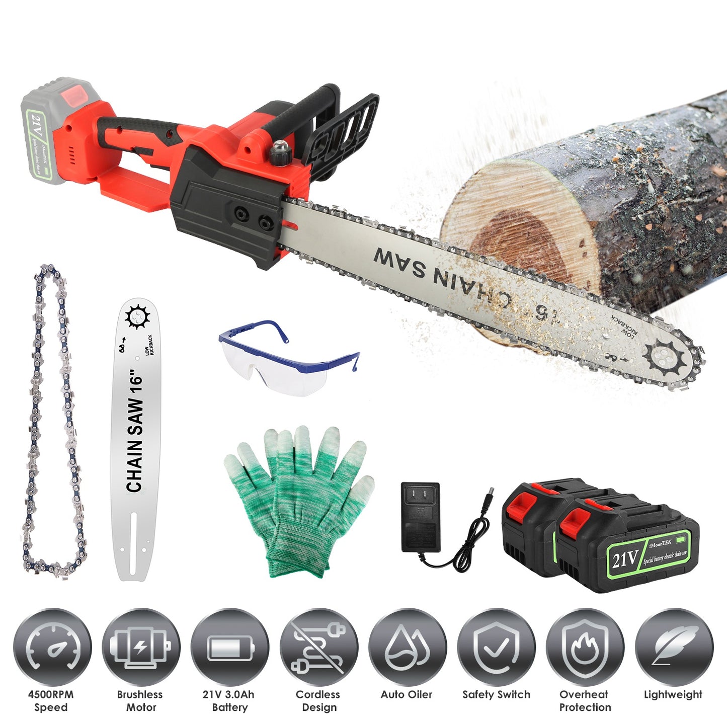 16Inch Electric Cordless Chainsaw With 2Pcs 21V 3.0Ah Battery and Charger Brushless Battery Operated Handheld Chainsaw With Auto Oiler Safety Switch f