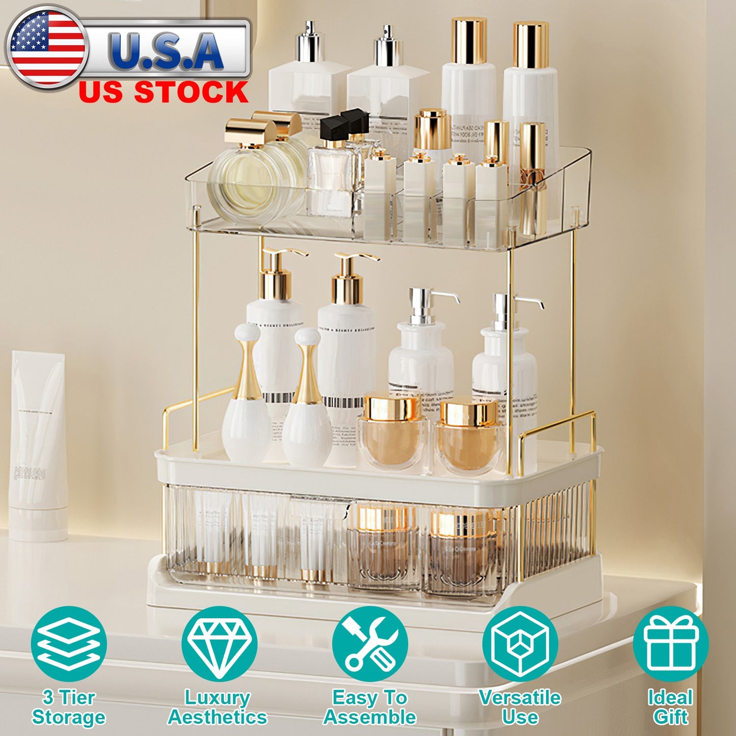 3 Tier Makeup Organizer for Vanity Large Capacity Skincare Shelf Bathroom Countertop Organizer with Drawer for Lipsticks Lotion Toner Perfumer Masks