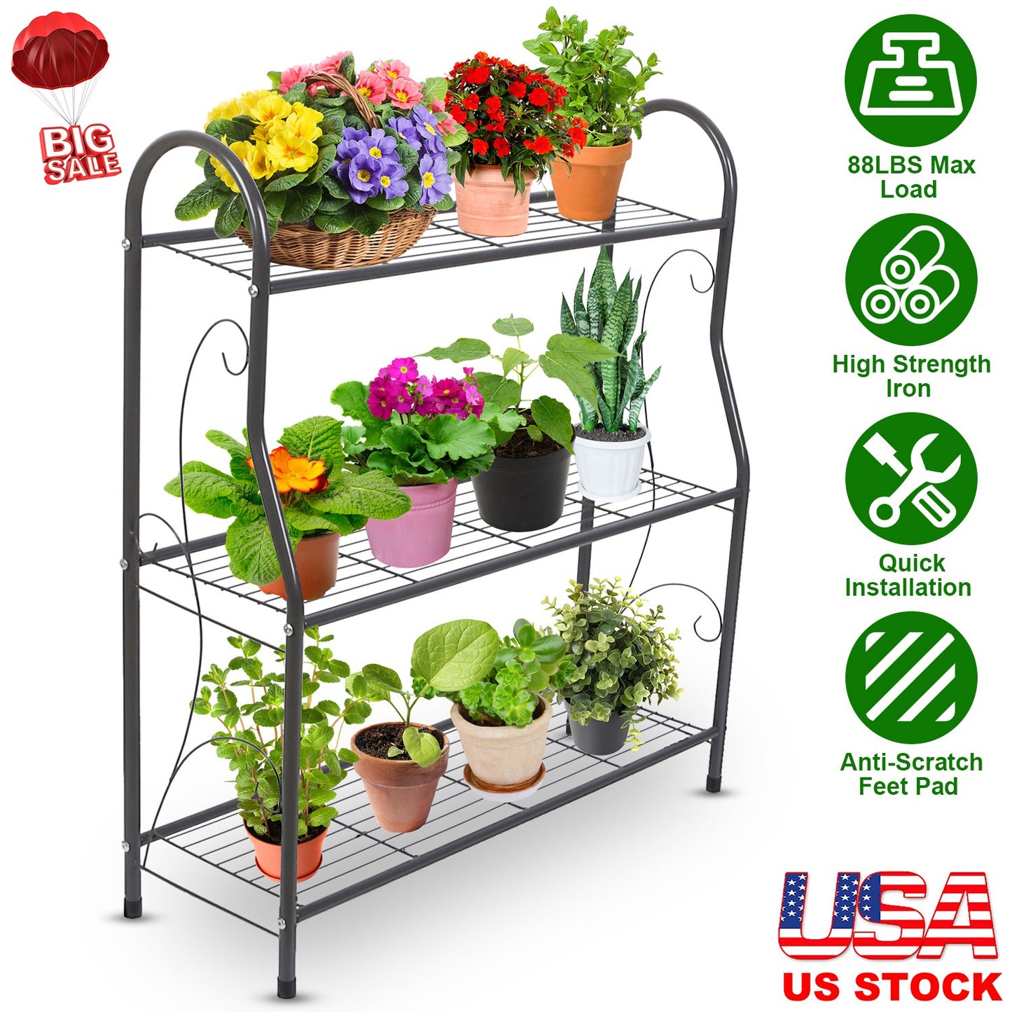 3 Tier Plant Stand Shelf Flower Pot Holder Display Rack 88LBS Utility Storage Organizer
