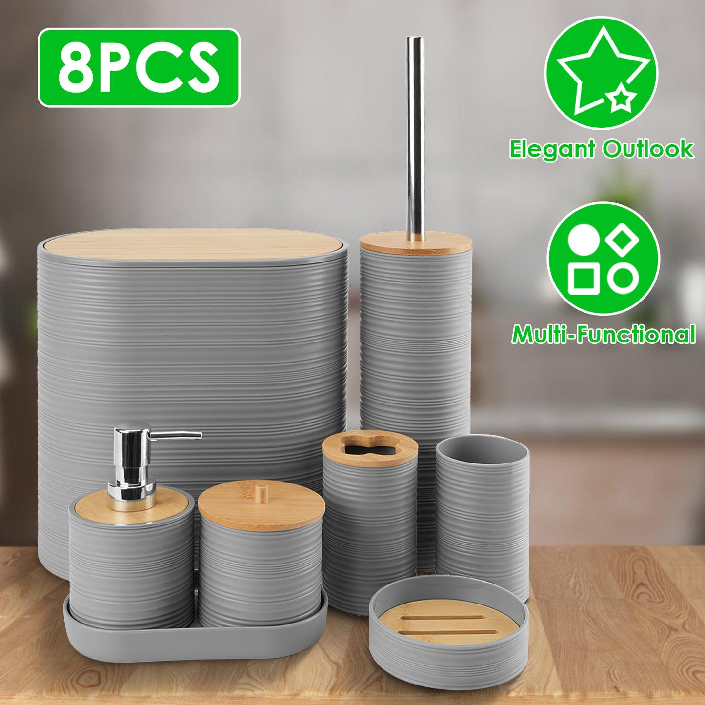 8Pcs Bathroom Accessories Set Bathroom Holder Set with Soap Dispenser Toothbrush Holder Cup Soap Dish Toilet Cleaning Brush Trash Can Qtip Holder Vani