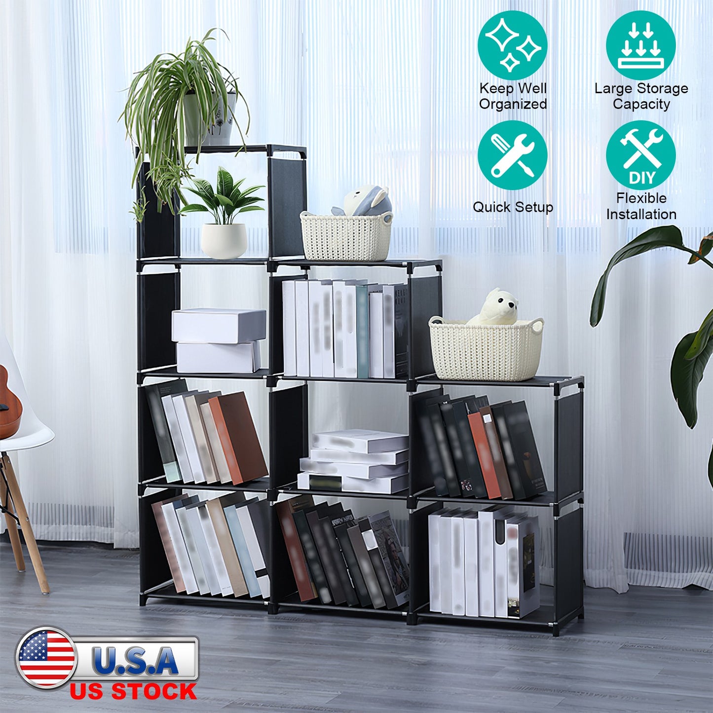 Cube Storage Organizer 9 Cubes Closet Shelves Cabinet Bookcase Non-Woven Fabric Cube Shelf for Living Room Bedroom Office