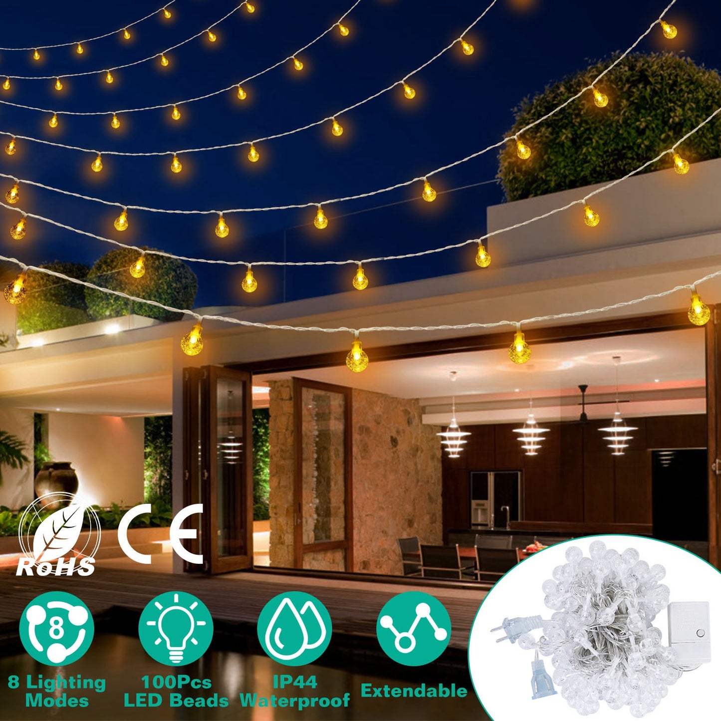 32.8Feet Globe String Lights 100 Ball LED Fairy Lamps IP44 Waterproof Decorative Lights with 8 Lighting Modes for Garden Lawn Patio