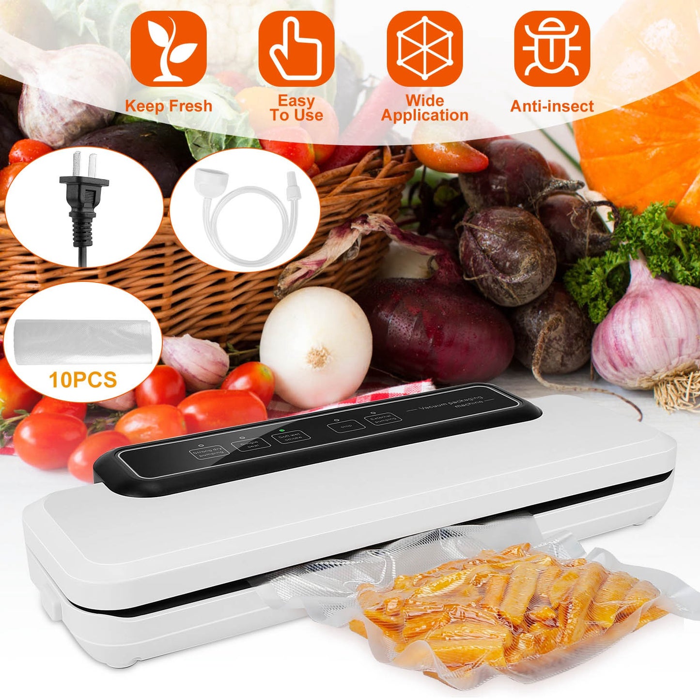 Electric Vacuum Sealer Machine Household Automatic Food Vacuum Sealer Quick Sealing System Machine For Fresh Food Dry Moist Food w/ 10Pcs Bags