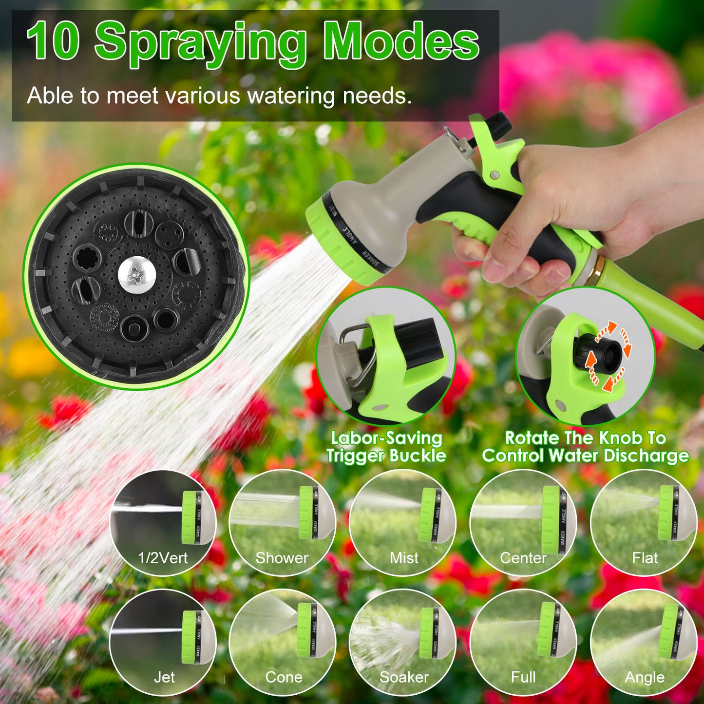 50FT Non-Expandable Garden Hose Kink-Free Lightweight Water Hose Lay Flat Garden Hose with 10 Patterns Hose Nozzle Storage Bag Hanging Hook for Outdoo