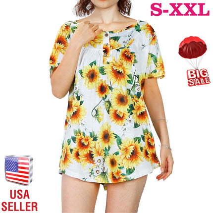 Women Summer Shirts Tops Loose Short Sleeve T Shirts Casual Floral Printed Button Shirts Blouse S-XXL