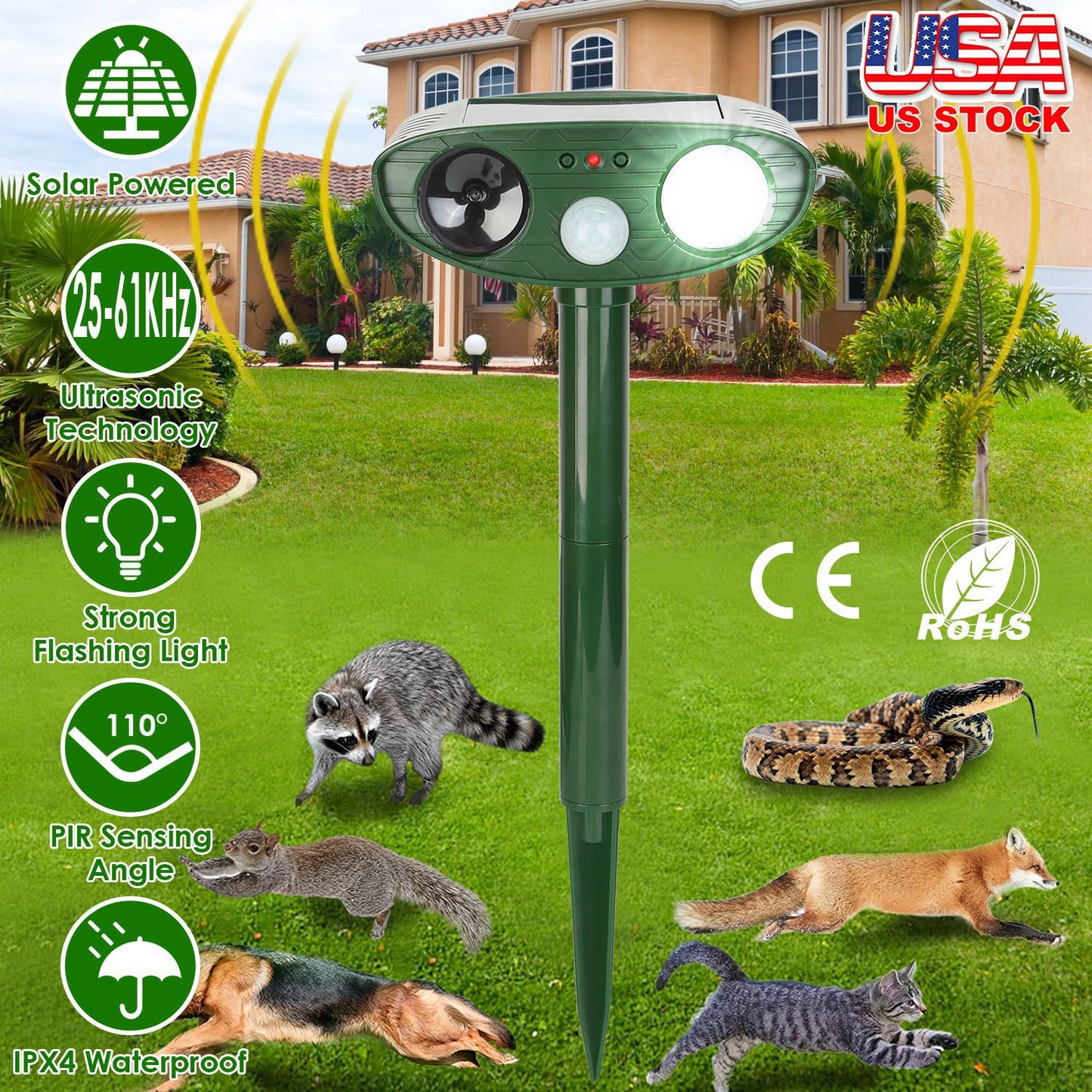 Solar Ultrasonic Animal Repeller PIR Sensor Animal Repellent Chaser with Flashing Light IPX4 Waterproof for Chasing Deer Raccoon Squirrel Rat Skunk Ra