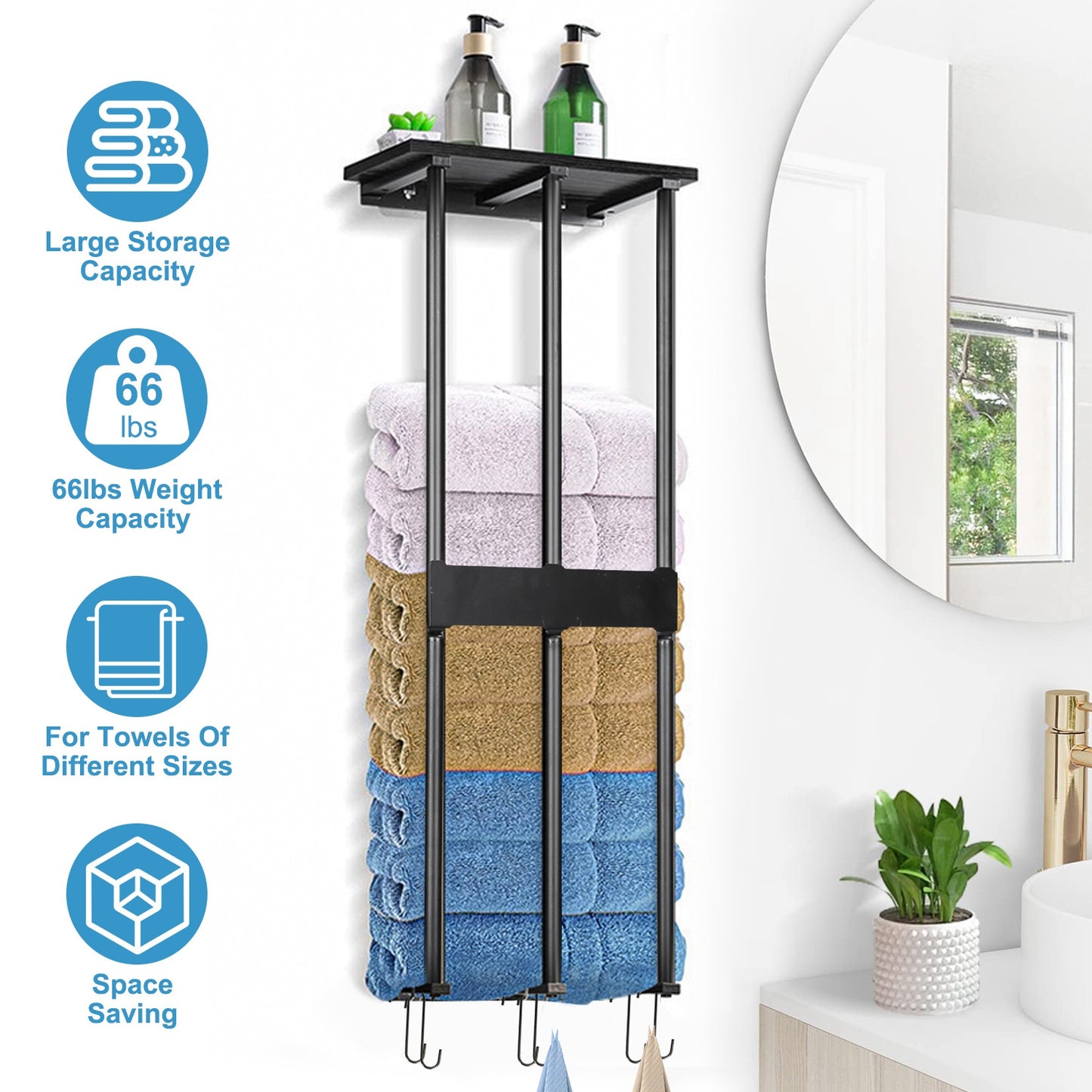 Wall Mounted Towel Rack for Rolled Towels Bathroom Towel Holder Organizer Storage Shelf for Bath Towels Hand Towels