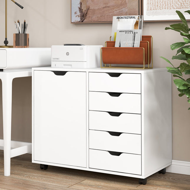 5-Drawer Dresser Chest Mobile Storage Cabinet with Door-White