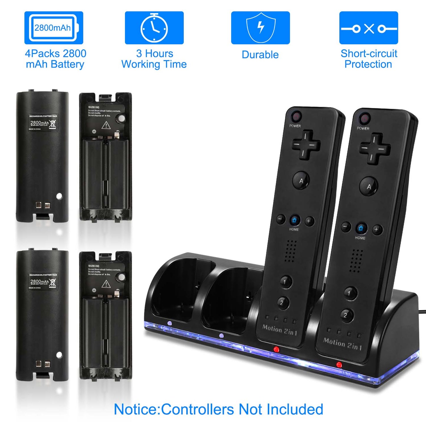 4 Remotes Charging Dock Game Controller Charger 2800mAh Rechargeable Battery Charging Stations w/ LED Indicator for Wii Nintendo