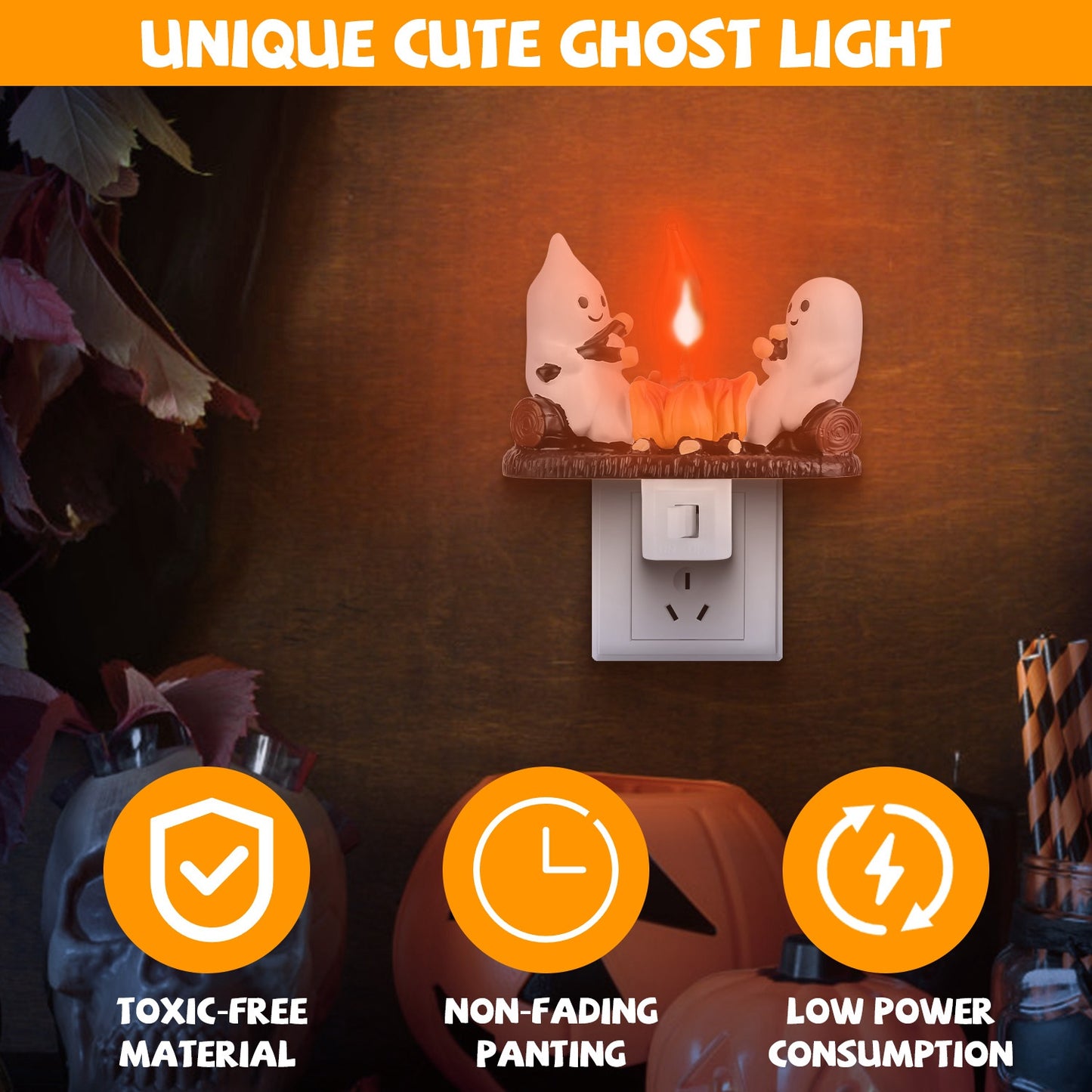 2Pcs Ghost Campfire Flickering Flame Night Light Indoor 3D Funny Halloween Nightlight Decoration Bedroom Night Light Halloween Decoration Gift For Fri