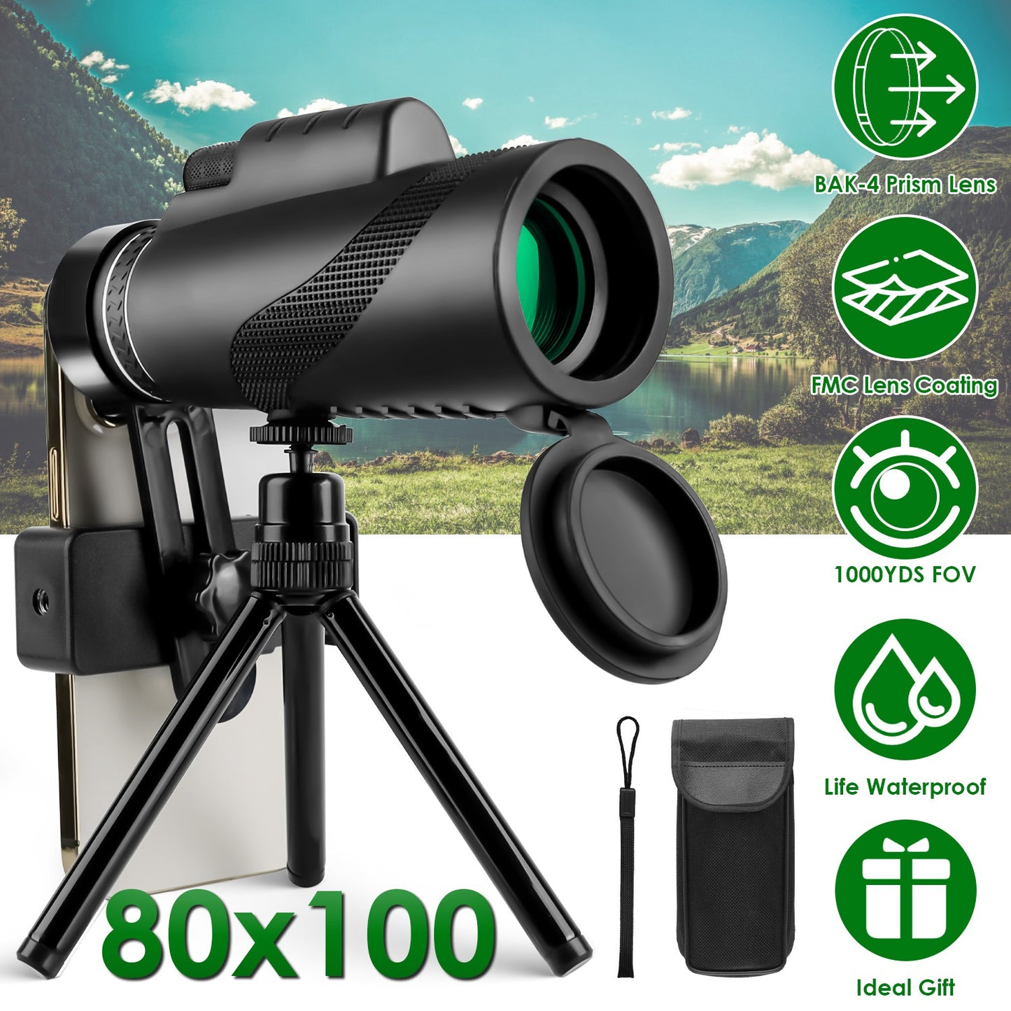 80x100 HD Monocular Telescope for Adults BAK-4 Prism High Power Monocular for Smartphone with FMC Lens Phone Adapter Tripod Case for Bird Watching Hun
