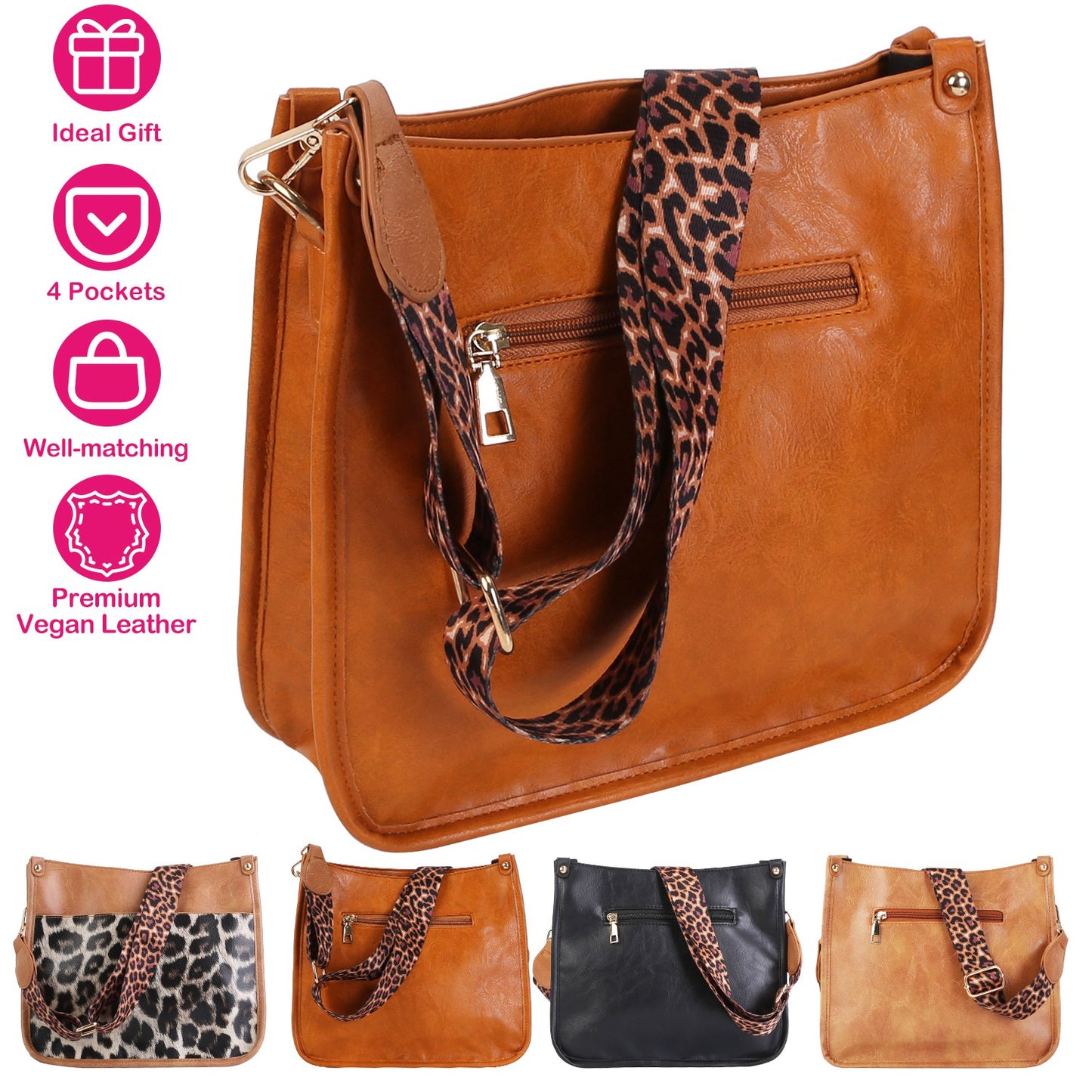 Women Fashion Leather Crossbody Bag Shoulder Bag Casual Handbag with Flexible Wearing Styles Adjustable Guitar Strap