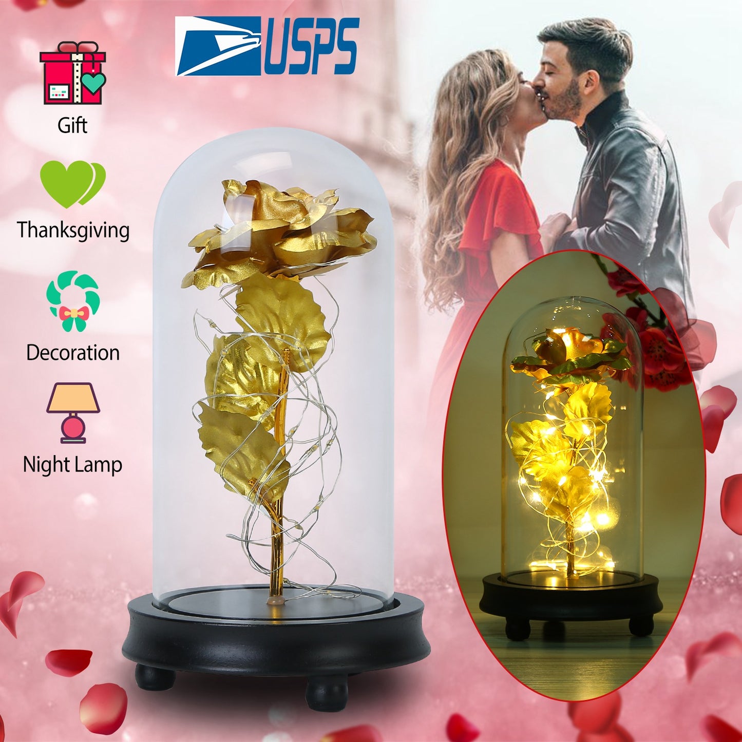 Foil Rose LED String Light Rose Fairy Lamp w/ Glass Dome For ValentinesÕ Day MotherÕs Day Wedding Birthday